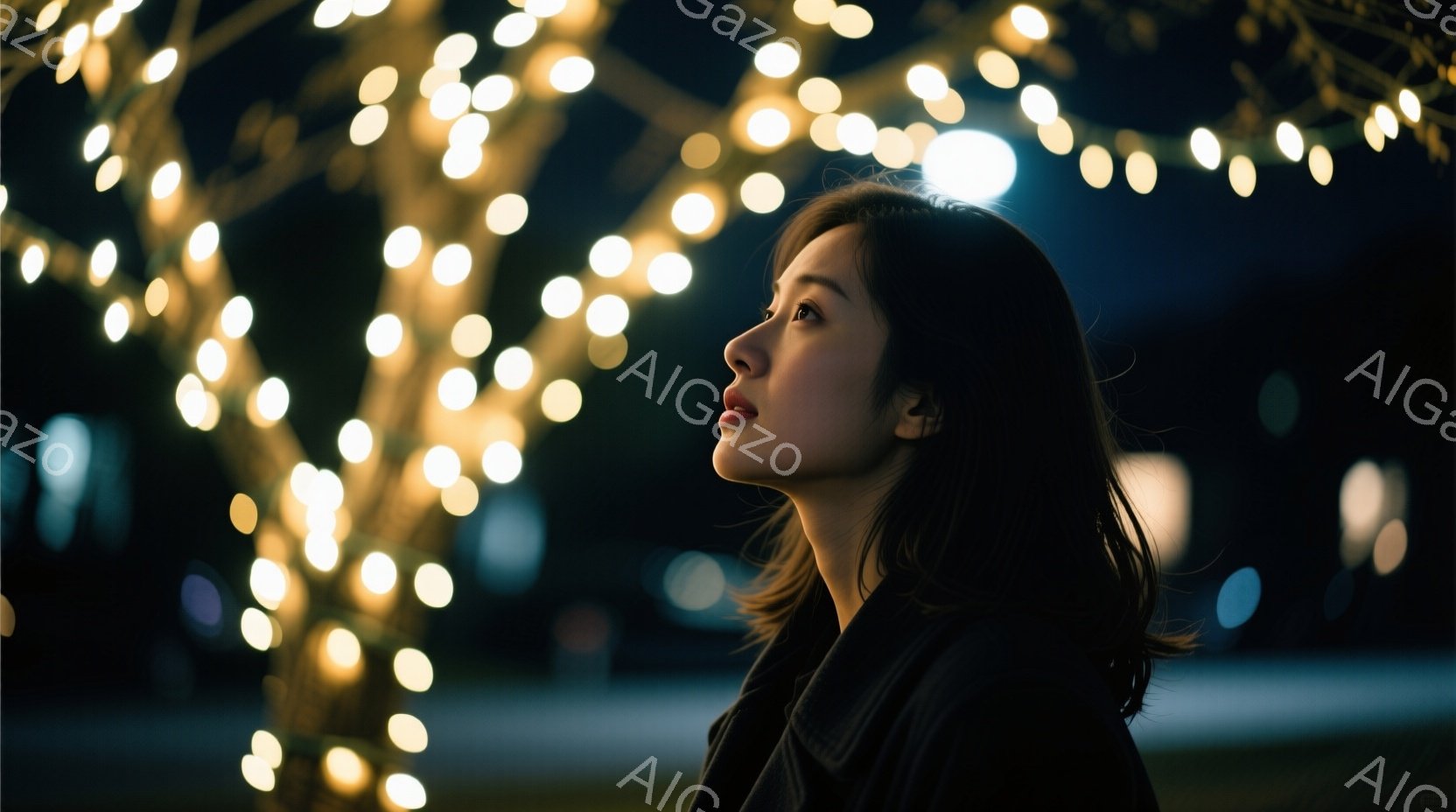 長い黒髪の女性が、ぼんやりと光るイルミネーションを見上げている。彼女は黒いジャケットを着用し、横顔は穏やかで物憂げな表情を浮かべている。背景にはぼやけた光の粒子が広がり、夜の静寂と少し寂しげな雰囲気を - AI生成フリー素材