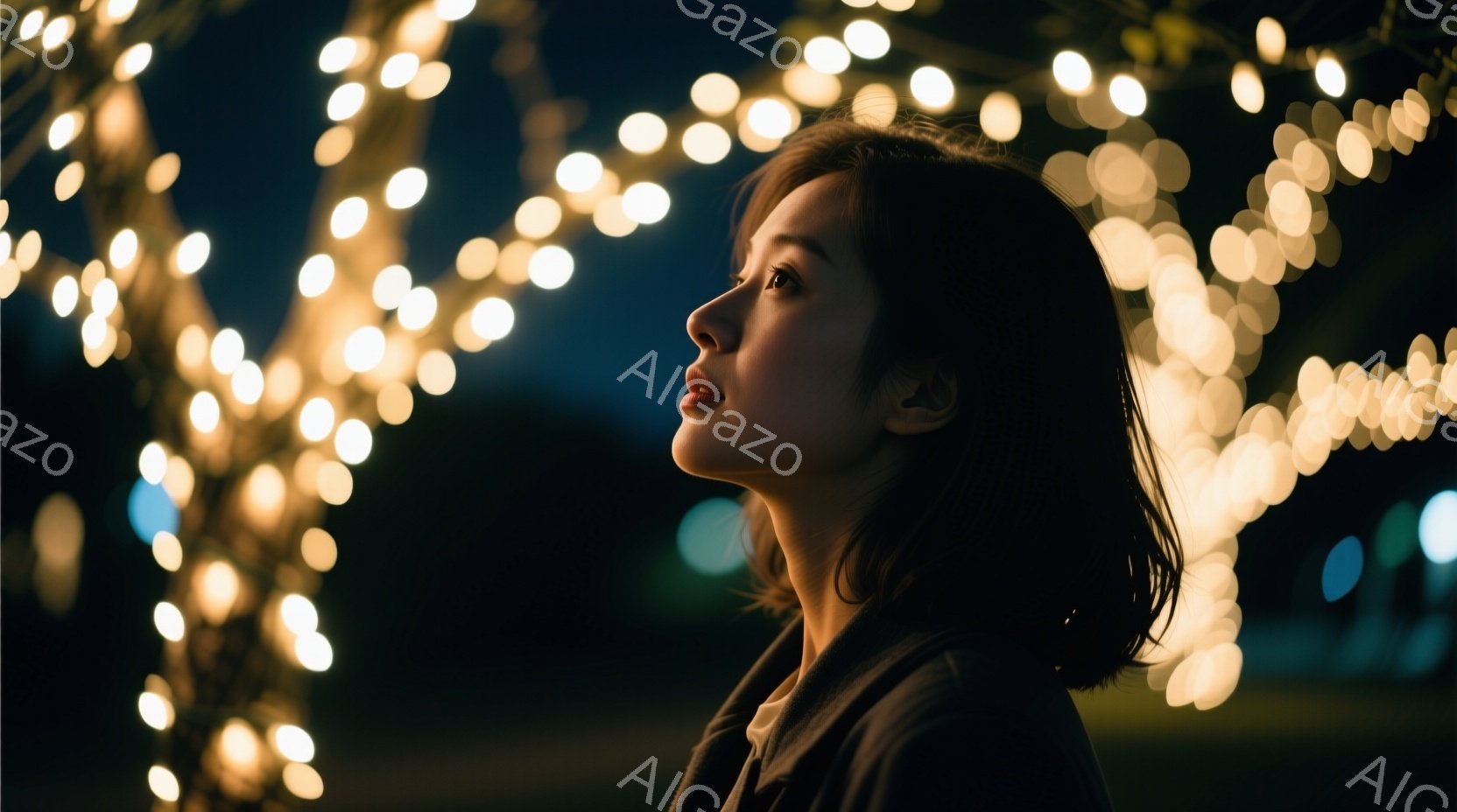 暗い背景に、横顔の女性が映っている。彼女は黒髪のボブヘアで、白い首元が覗く黒いジャケットを着ている。彼女は少し上を見ているようで、背景にはぼやけた暖かい色の光が多数あり、ロマンチックで夢幻的な雰囲気を醸し出している。