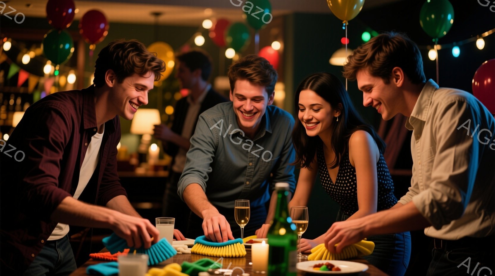 4人の若い男女がテーブルを囲んで楽しそうにしている写真です。男性はそれぞれカーキ色や紺色のシャツを着ており、女性は黒い水玉模様のトップスを着ています。テーブルの上にはワイングラスや軽食、カラフルな物体が並び、背景には他の人々と装飾がぼんやりと見え、親密で楽しい雰囲気が漂っています。