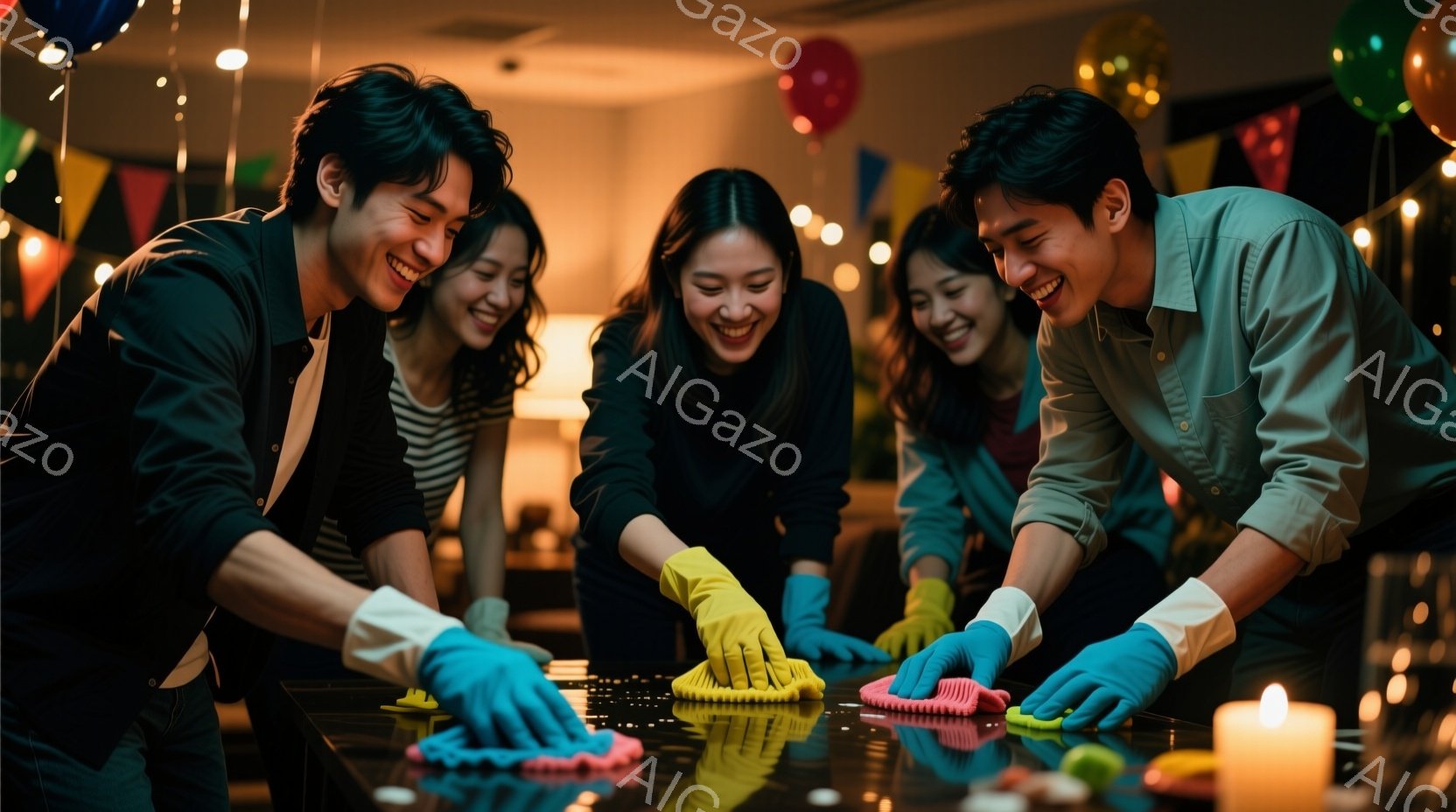 4人の若い男女が、膝をついて黒いテーブルを拭き掃除をしている様子が写っています。彼らは皆、明るい色の服を着ており、笑顔で楽しそうに作業しています。背景には、カラフルな装飾やキャンドルが見え、親しみやすく賑やかな雰囲気が漂っています。