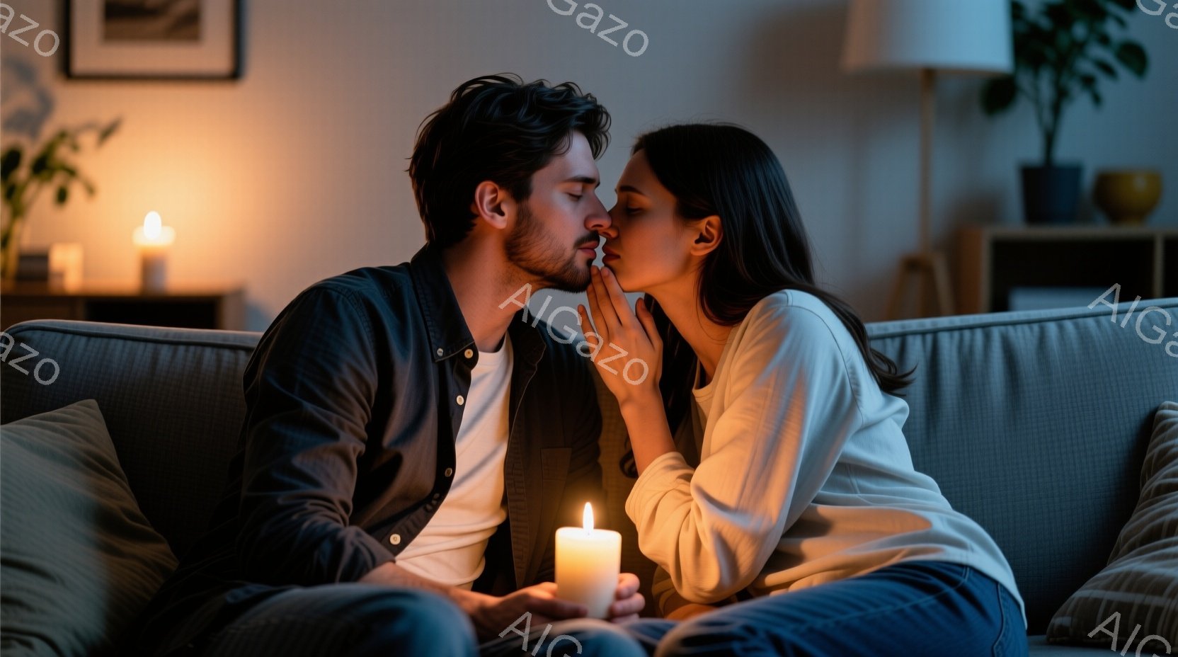 ソファに座った若いカップルがキスをしています。男性はダークブルーのシャツを着ており、女性はオフホワイトのセーターを着ています。背景には植物や間接照明があり、温かくロマンチックな雰囲気です。