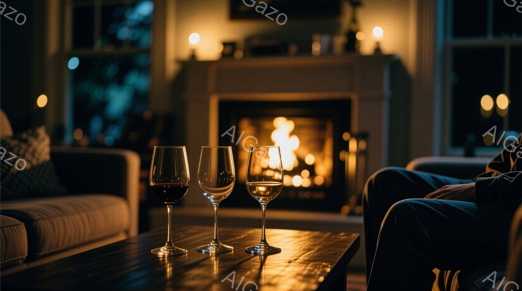 暖炉の炎が暖かく照らすリビングルームで、テーブルの上には赤ワインと白ワインのグラスが並べられている。背景にはぼやけたソファと暖炉、そして夜の闇が見え、落ち着いた雰囲気が漂っている。温かい光とワイングラ - AI生成フリー素材