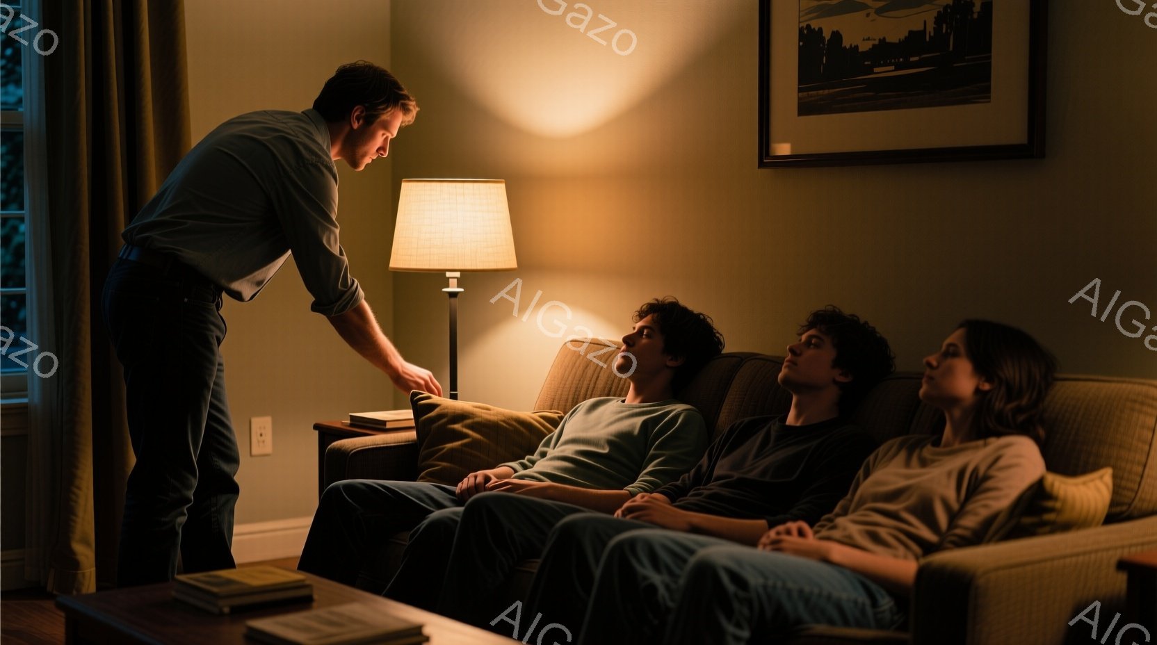 リビングルームで、ソファーに横たわる二人の男性と一人の女性が写っている。男性はダークカラーのTシャツを着ており、女性はベージュ色のセーターを着ている。部屋は暖色系の照明で照らされ、壁には絵が飾られ、テーブルの上には本が置かれているが、全体的に落ち着いた、少し憂鬱な雰囲気が漂っている。