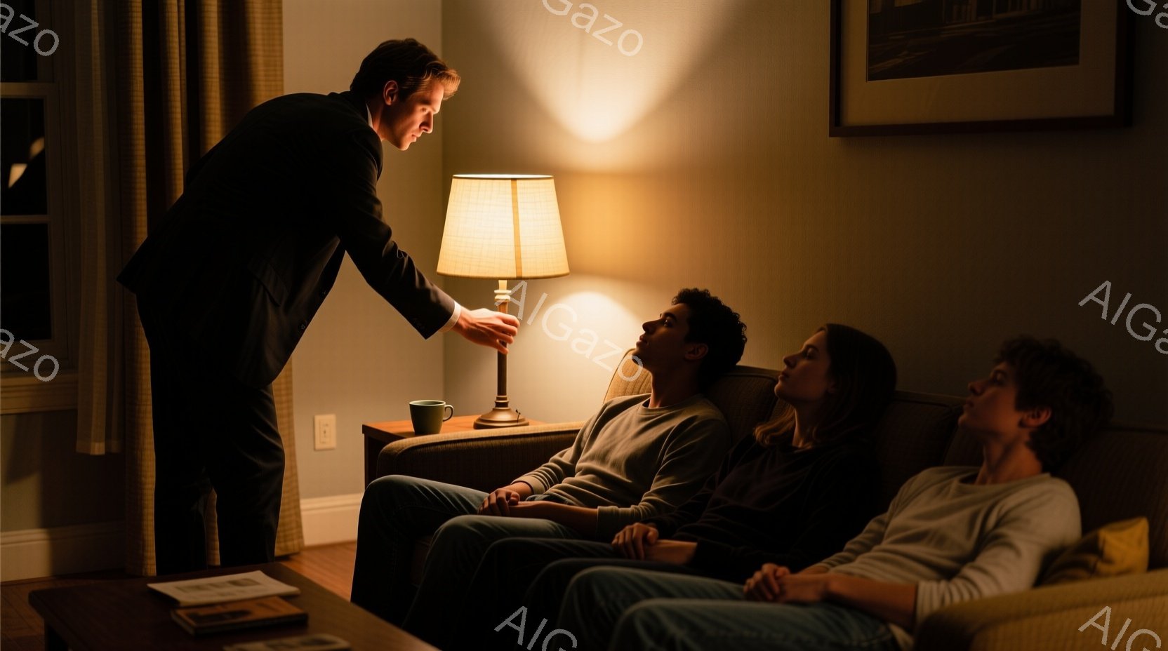 薄暗いリビングルームでソファーに座る3人の人物が写っています。男性は黒いスーツを着ており、背筋を伸ばして立って、ソファーの上のランプのスイッチを入れています。ソファーに座っているのは、それぞれカジュアルなセーターを着た若い男性と女性で、顔を上げてランプを見上げています。