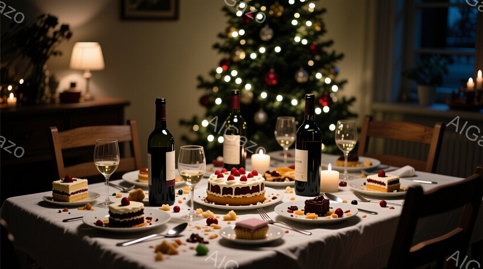 クリスマスらしい食卓が写っており、白いテーブルクロスの上に様々なケーキやワイングラスが並べられています。背景には飾られたクリスマスツリーが見え、暖かく穏やかな雰囲気が漂っています。全体的に、特別な日の - AI生成フリー素材