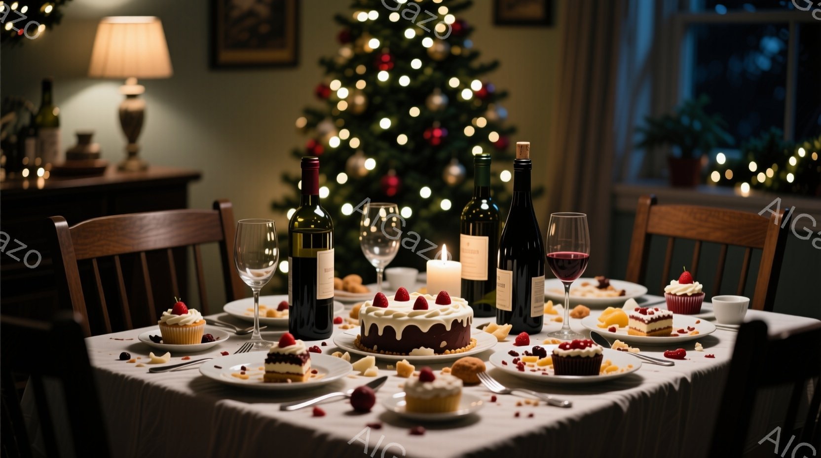 クリスマスツリーが背景に見えるダイニングテーブルには、ワインボトル、グラス、そして様々なケーキやペイストリーが並べられています。テーブルクロスは白で、キャンドルが灯されており、暖かく落ち着いた雰囲気を醸し出しています。夕暮れ時のような薄暗い光と、クリスマスの装飾が、特別な日の食事の準備を連想させます。