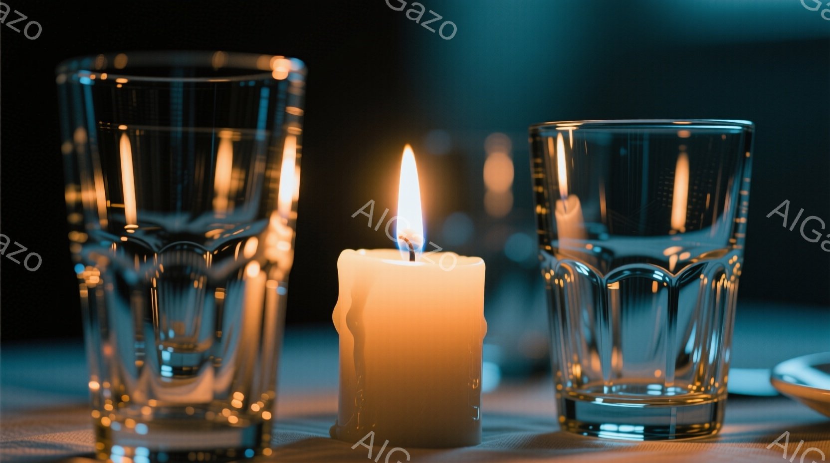 暖かく光るキャンドルが画面中央にあり、その両側に彫刻模様の入ったガラスのグラスが配置されています。テーブルクロスは暗いグレーで、グラスとキャンドルから発する光が微妙な影を作り出しています。全体的に落ち - AI生成フリー素材
