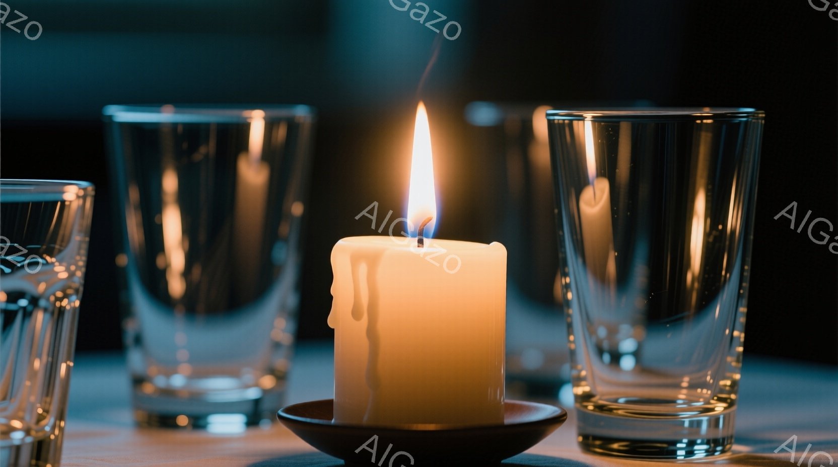 白いキャンドルが黒い皿の上にあり、溶けたワックスが垂れ下がっています。キャンドルの炎は明るく、周りのグラスがぼんやりと反射しています。全体的に暗い背景が、静かで落ち着いた雰囲気を醸し出しています。 - AI生成フリー素材