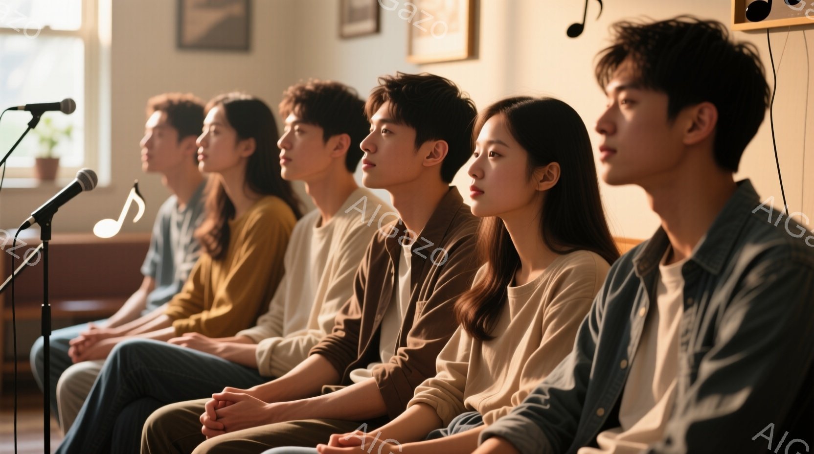 5人の若い男女が並んで座っており、皆、やや上目線で何かを見つめているようだ。服装はカジュアルで、それぞれがセーターやシャツを着ており、髪型も多様である。背景は木製の床と壁で、窓から自然光が差し込み、暖かく穏やかな雰囲気を醸し出している。