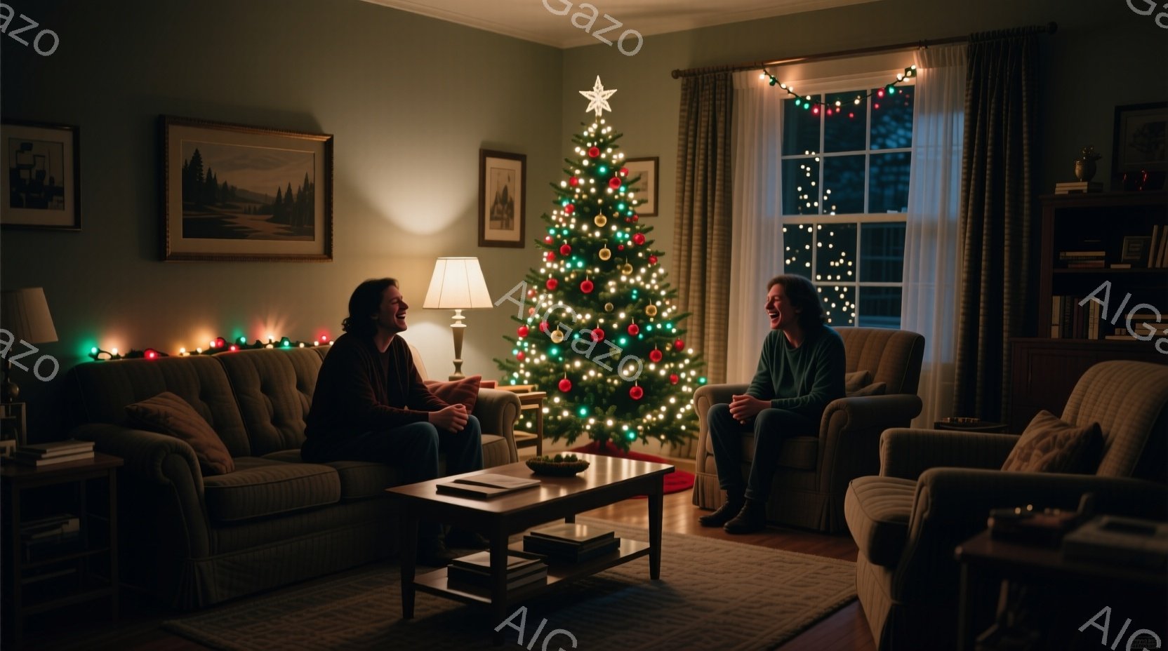 居心地の良いリビングルームで、二人の女性がソファに座り、楽しそうに会話しています。彼女たちはカジュアルな服装で、片方の女性は長い髪を垂らし、もう片方の女性は髪を後ろでまとめています。背景にはクリスマスツリーが飾られ、窓の外には夜の風景が見え、温かく穏やかなクリスマスの雰囲気を醸し出しています。