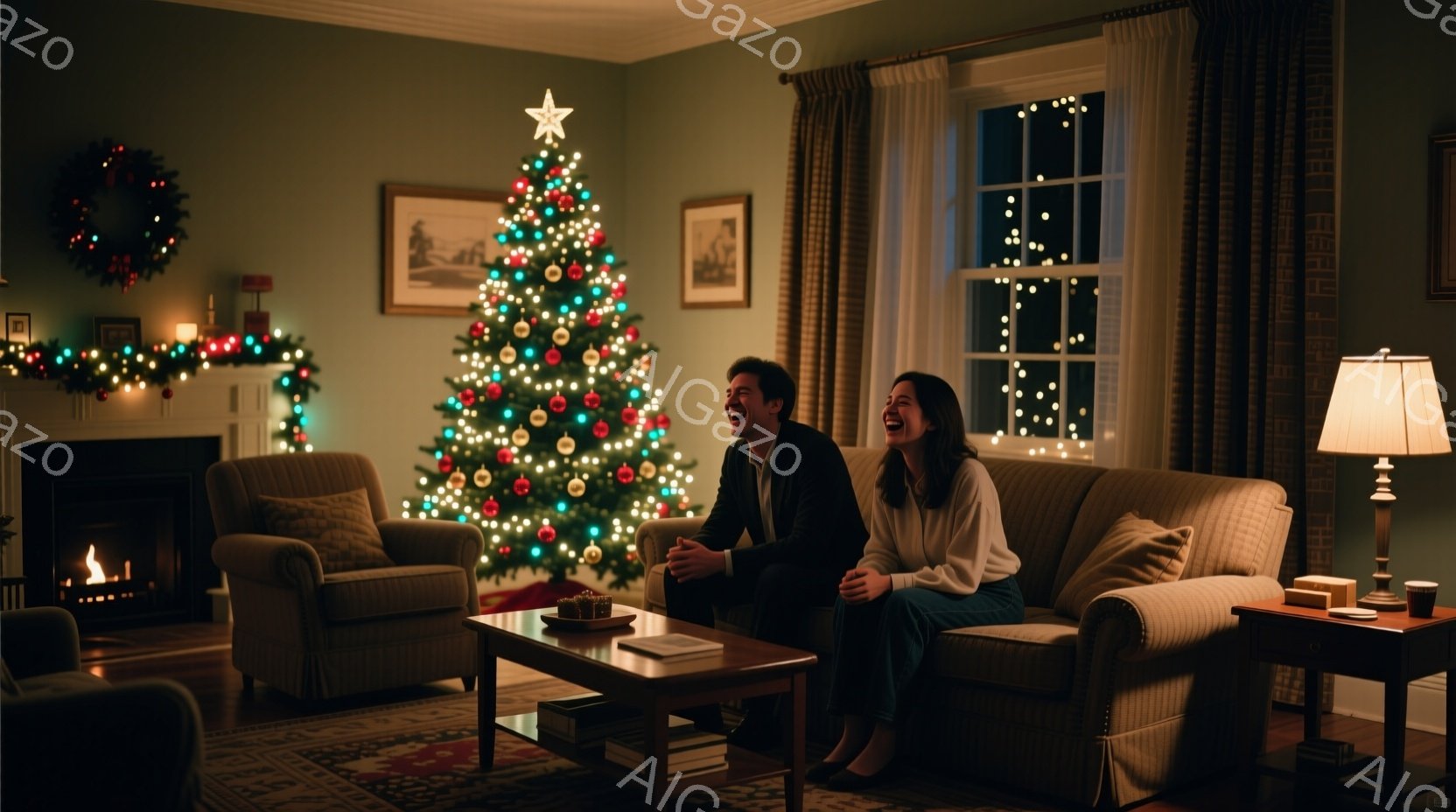 暖炉のそばのソファに若い夫婦が座っており、リラックスした様子で笑い合っています。男性はダークスーツを着ており、女性は白いセーターと濃い色のパンツを着用しています。背景には、装飾されたクリスマスツリー、暖炉の火、そして窓の外のぼんやりとした夜景が見え、温かく居心地の良い雰囲気が漂っています。