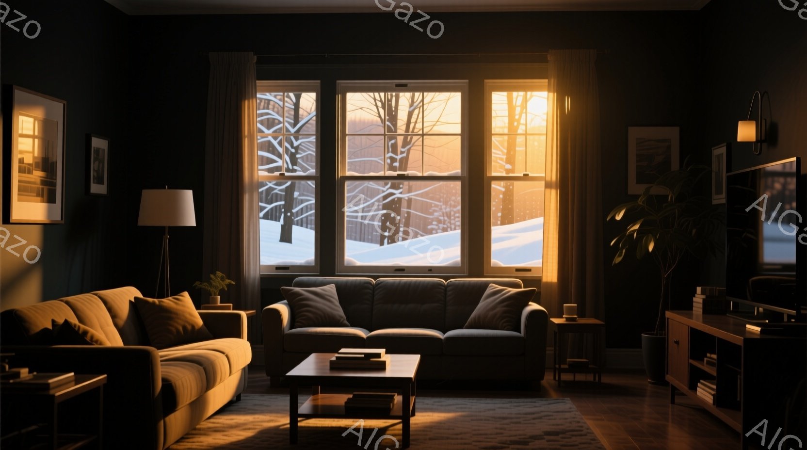 深い緑色の壁に囲まれたリビングルームには、大きな窓から雪景色が広がり、夕焼けが暖かく室内を照らしています。グレーのソファと木製のコーヒーテーブル、そして観葉植物が落ち着いた雰囲気を醸し出し、暖炉や本棚が視界に入り、冬の静寂と安らぎを感じさせます。室内は全体的に暖色系の照明で照らされ、居心地の良い空間を作り出しています。