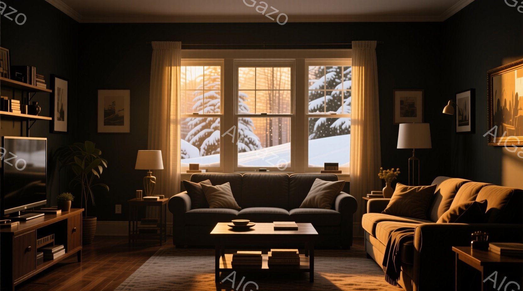 暖炉のような温かい光が差し込む、居心地の良いリビングルームです。大きな窓からは雪景色が広がり、部屋には落ち着いた雰囲気と静けさが漂っています。ダークトーンの家具と木製の床が、冬の風景と調和し、リラック - AI生成フリー素材