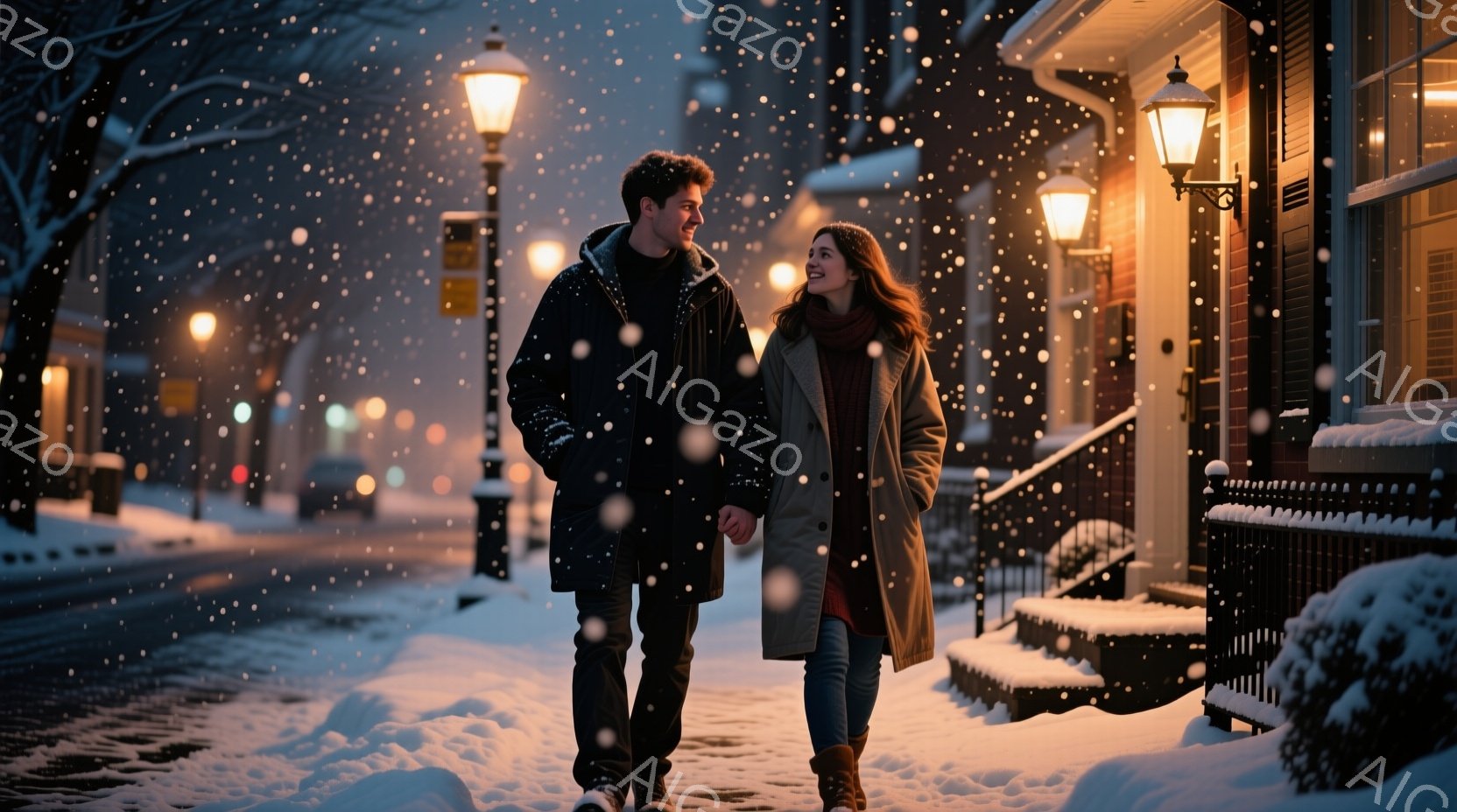 雪が降る夜の街並みを、若い男女が手をつないで歩いている。男性は黒のコートにジーンズ、女性はベージュのコートにブーツを履き、それぞれ温かい服装をしている。背景には雪で覆われた建物と、灯りのついた街灯があ - AI生成フリー素材