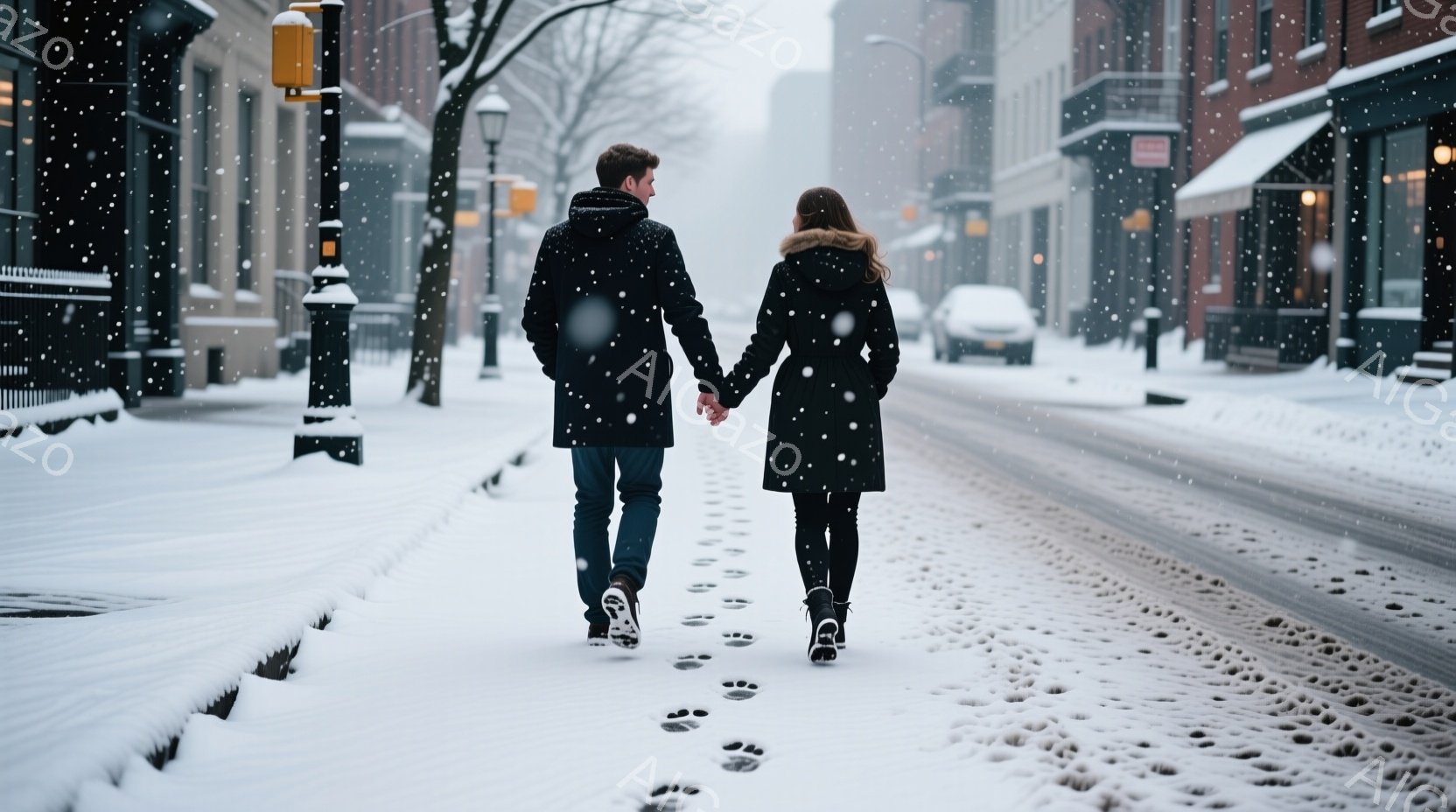 雪が降る街並みを、一対のカップルが手をつないで歩いている。二人は黒い冬用コートとジーンズを身につけ、男性は短い髪、女性はロングヘアである。背景には古いレンガ造りの建物が並び、雪景色がロマンチックな雰囲気を醸し出している。