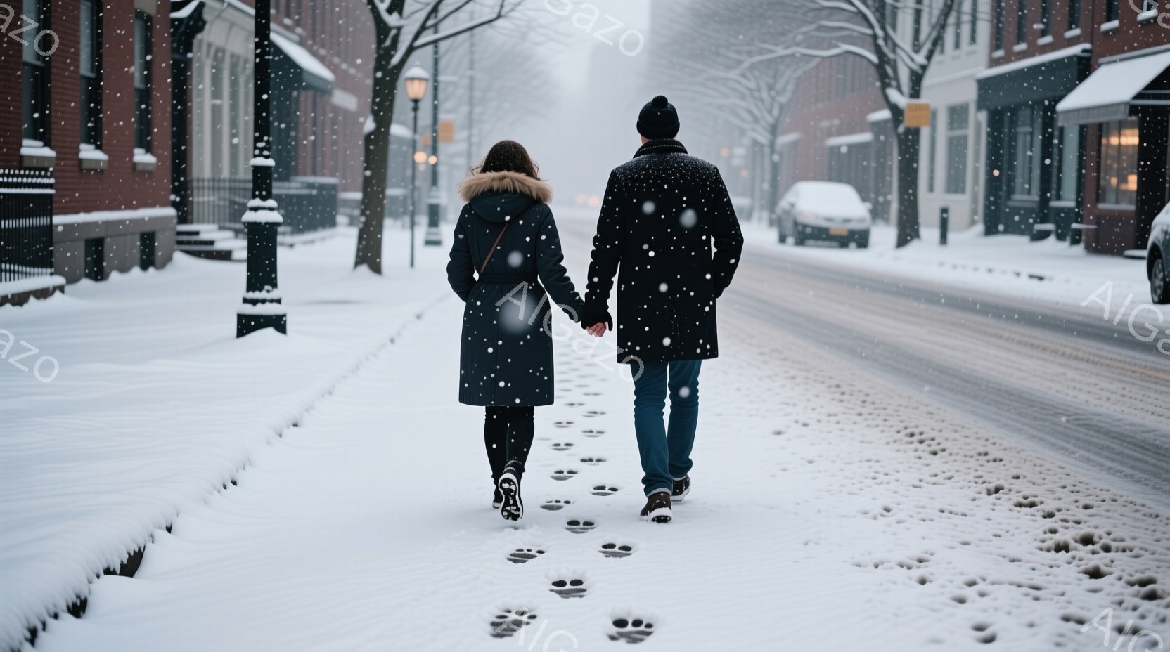 雪が降り積もる街並みを、コートを着た男女が手をつないで歩いている。女性はファーカラーのコートにブーツを履き、男性は黒い帽子とコートを着ている。背景には白い建物が並び、冬の静かで穏やかな雰囲気が漂っている。