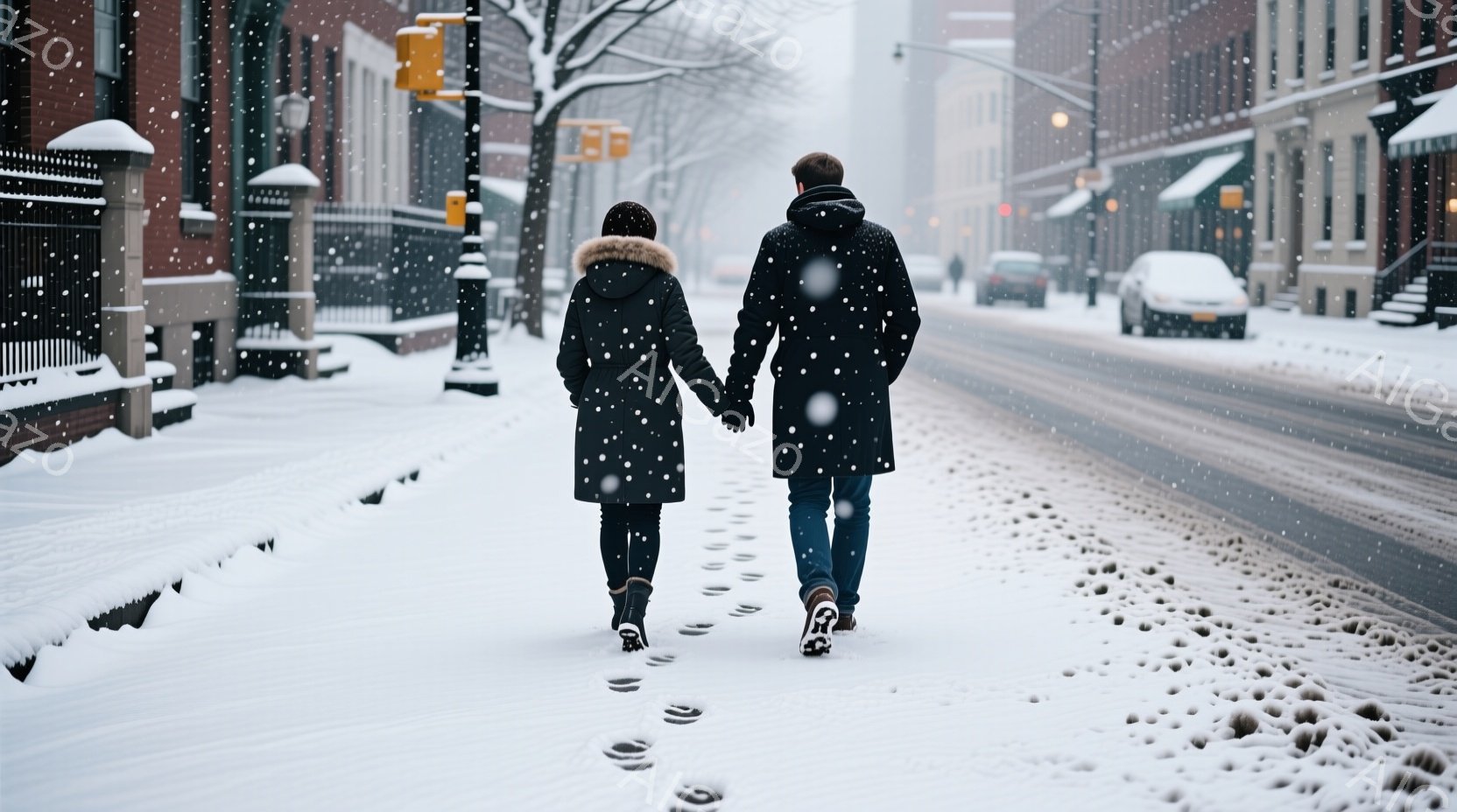 雪が降る街並みを、コートを着た男女が手をつないで歩いている。女性はファー付きのフードを被り、男性は帽子をかぶっており、足跡が雪の上に鮮明に残っている。背景にはレンガ造りの建物が並び、冬の寒さと静寂が感じられる穏やかな光景だ。