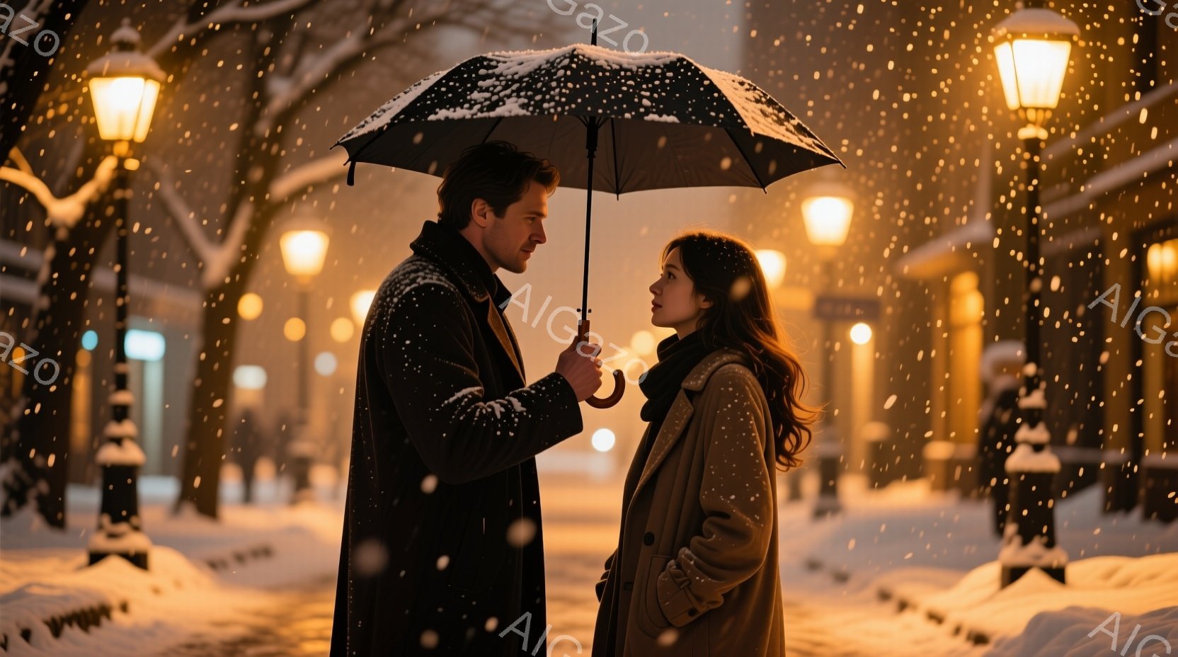 雪が降る夜の街並みで、一対の男女が寄り添っている。男性は黒のコートを着ており、女性はキャメル色のコートと巻き毛のヘアスタイルをしている。二人は傘を共有し、互いに顔を見つめ合い、暖かくロマンチックな雰囲 - AI生成フリー素材