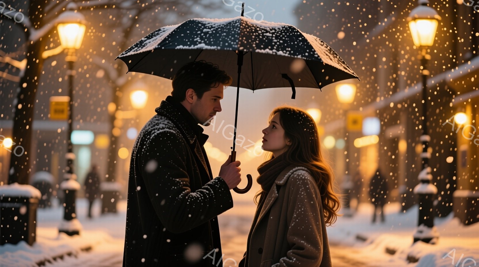 雪が舞う夜の街で、一対の男女が寄り添っている。男性は黒いコートにダークカラーの髪型で、女性を見つめており、女性はベージュのコートとゆるやかなウェーブヘアで、彼を見上げている。背景には雪に覆われた街路と - AI生成フリー素材