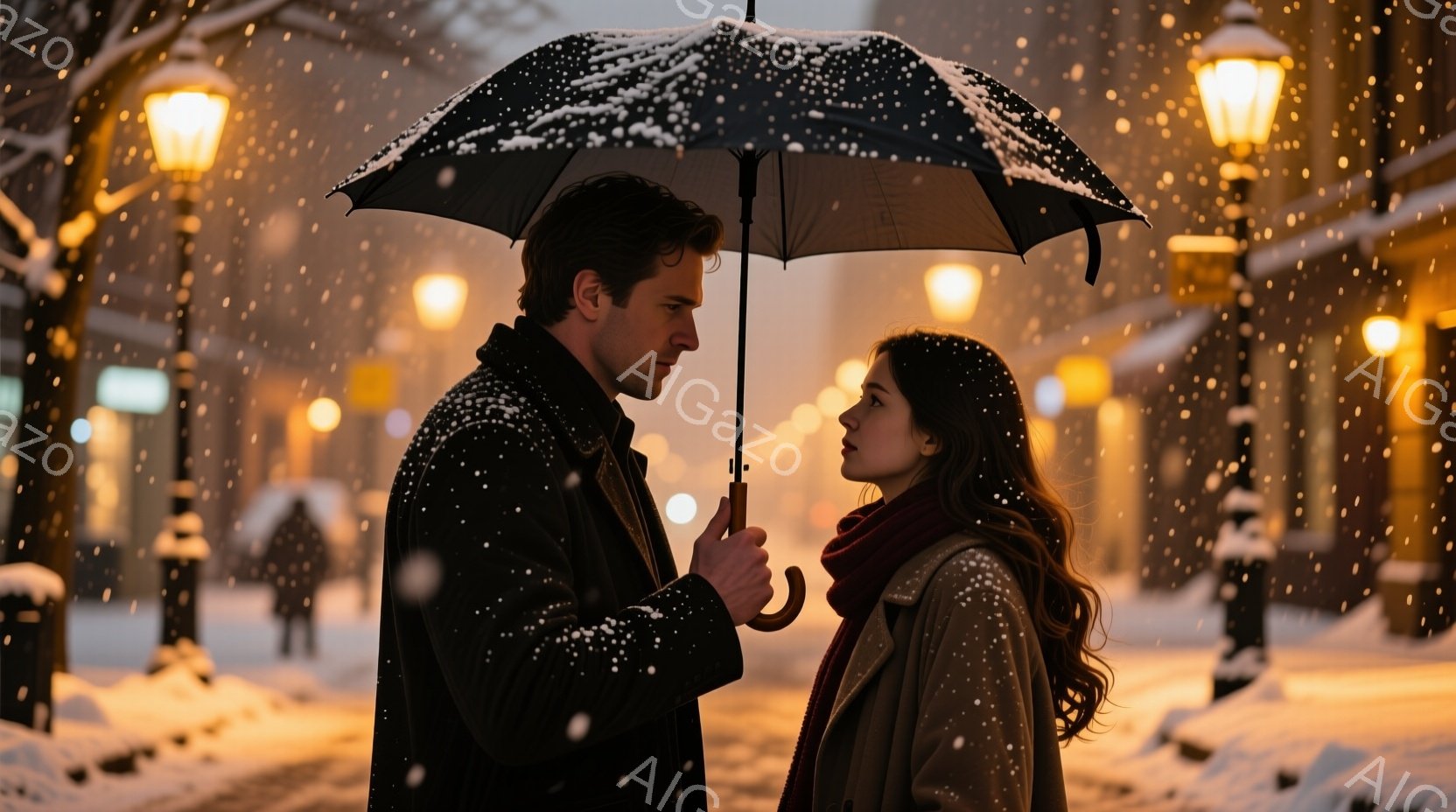 雪が降り積もる街並みで、一対の男女が寄り添っている。男性は黒のコートを着ており、女性はベージュのコートと赤いマフラーを巻いている。二人は傘の下で顔を見合わせ、優しい光に包まれている。 - AI生成フリー素材