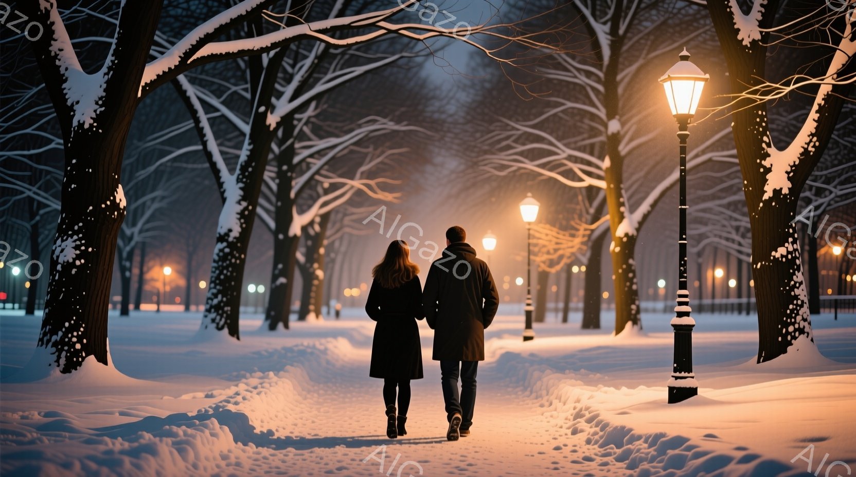 雪に覆われた並木道を、黒いコートを着た女性と男性が並んで歩いている。女性は長い髪を背中に垂らし、男性はシンプルなコートを着ており、二人とも前を向いて歩いているため顔は見えない。背景には雪に覆われた木々が立ち並び、遠くに見える街灯が暖かく光を灯し、静かでロマンチックな冬の雰囲気を醸し出している。