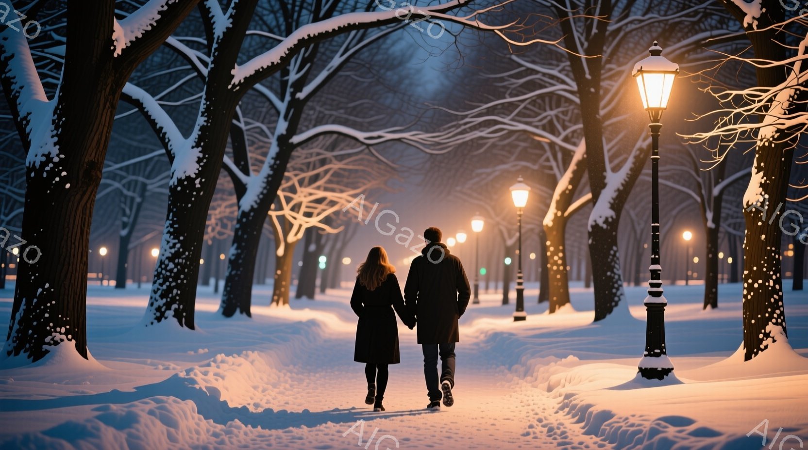 雪深い並木道を、後ろ姿の男女が寄り添って歩いている。女性はロングコートを着て、髪は肩まで伸びている。背景には雪に覆われた木々と、暖かく光る街灯が並び、静かでロマンチックな雰囲気を醸し出している。