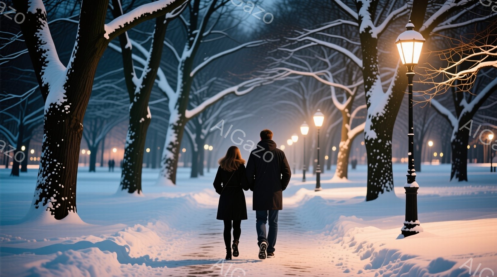 雪に覆われた並木道を、黒いコートを着た男女が寄り添って歩いている。女性は長い髪を背中に垂らし、男性は後ろ姿を見せているため表情は伺えないが、二人のシルエットは温かく、穏やかな雰囲気を醸し出している。背景には、雪で覆われた木々と灯り輝く街灯が立ち並び、静寂な冬の夜を連想させる。