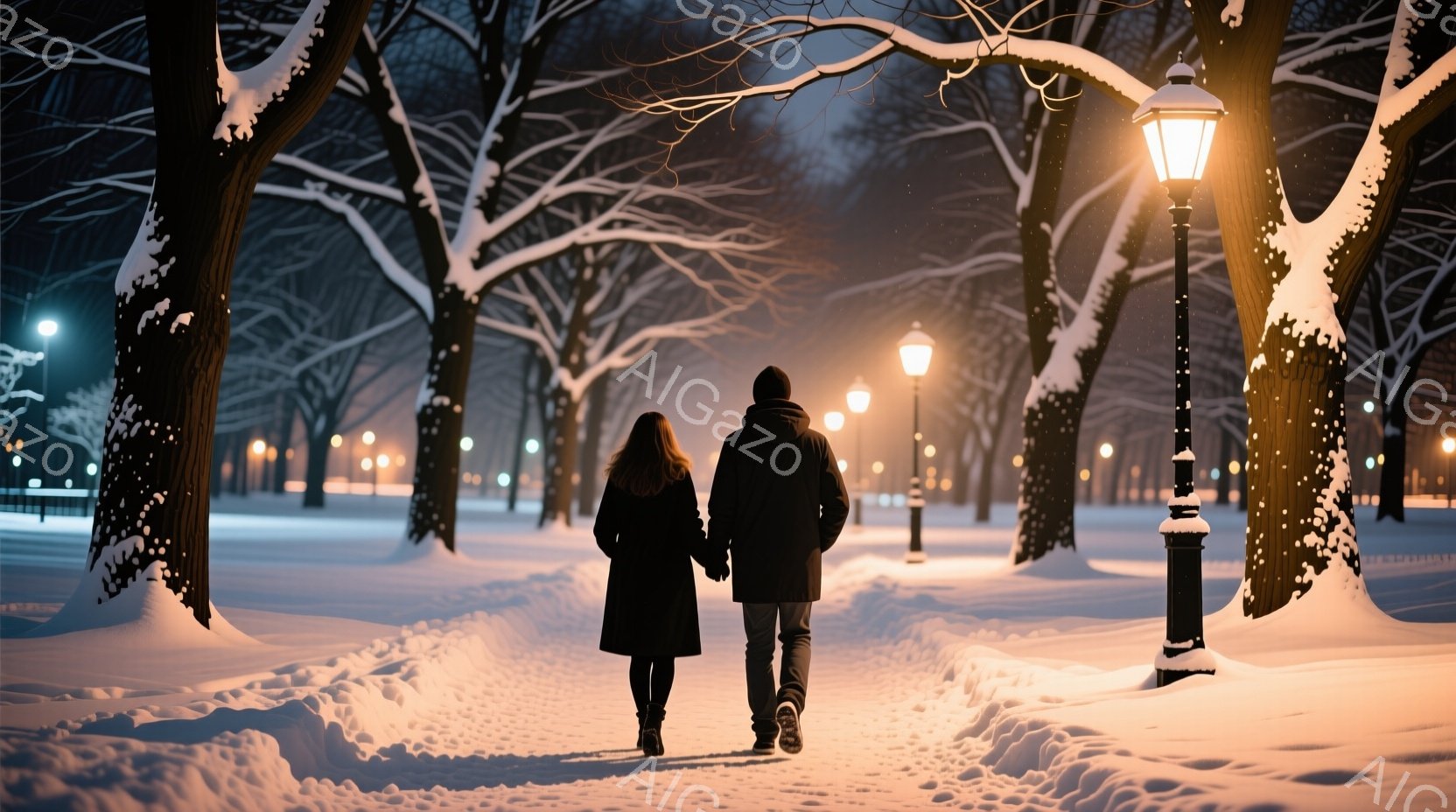 雪が降り積もった並木道を、コートを着た男女が手をつないで歩いている。女性は長い髪で、男性は帽子をかぶっており、二人は共に前方を向き、暖かい光に照らされた道を進んでいる。背景には雪で覆われた木々と街灯が並び、静かでロマンチックな雰囲気が漂っている。