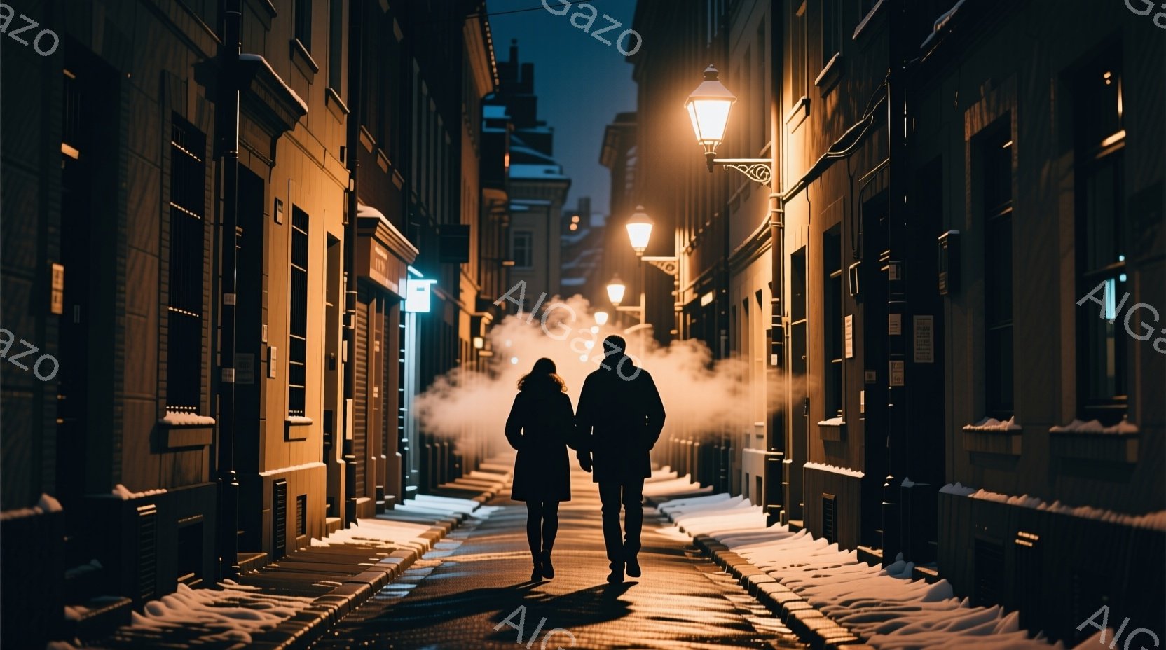 石畳の路地を、コートを着た男女が並んで歩いている。蒸気が立ち込める道と、路地の両側に並ぶ古い建物が、どこか幻想的な雰囲気を醸し出している。建物は暗くシルエットで表現され、路地にはわずかに雪が積もってい - AI生成フリー素材