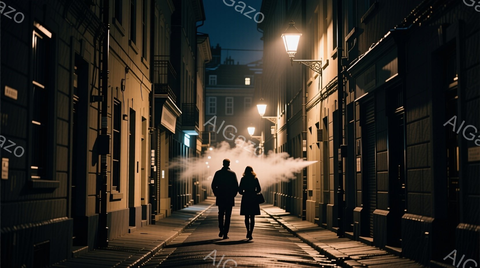 石畳の路地を、黒いコートを着た男女が並んで歩いている。蒸気が立ち上る路面と、建物の窓から漏れる仄かな光が、幻想的で少し寂しげな雰囲気を醸し出している。建物は古風な様式で、暗い夜の街並みをより一層引き立てている。