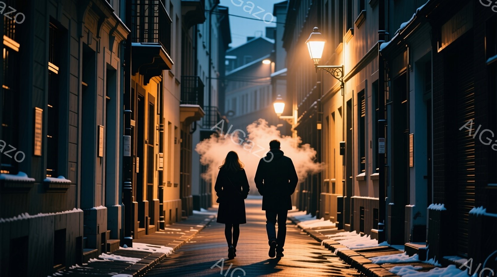 凍てつくような冬の夕暮れ時、石畳の路地を男女が並んで歩いている。二人はシルエットとなっており、女性はロングコート、男性は厚手のジャケットを着ているのがわかる。路地は両側に高い建物が並び、路面には雪が残り、蒸気が立ち上る様子から冷たい空気が感じられる。