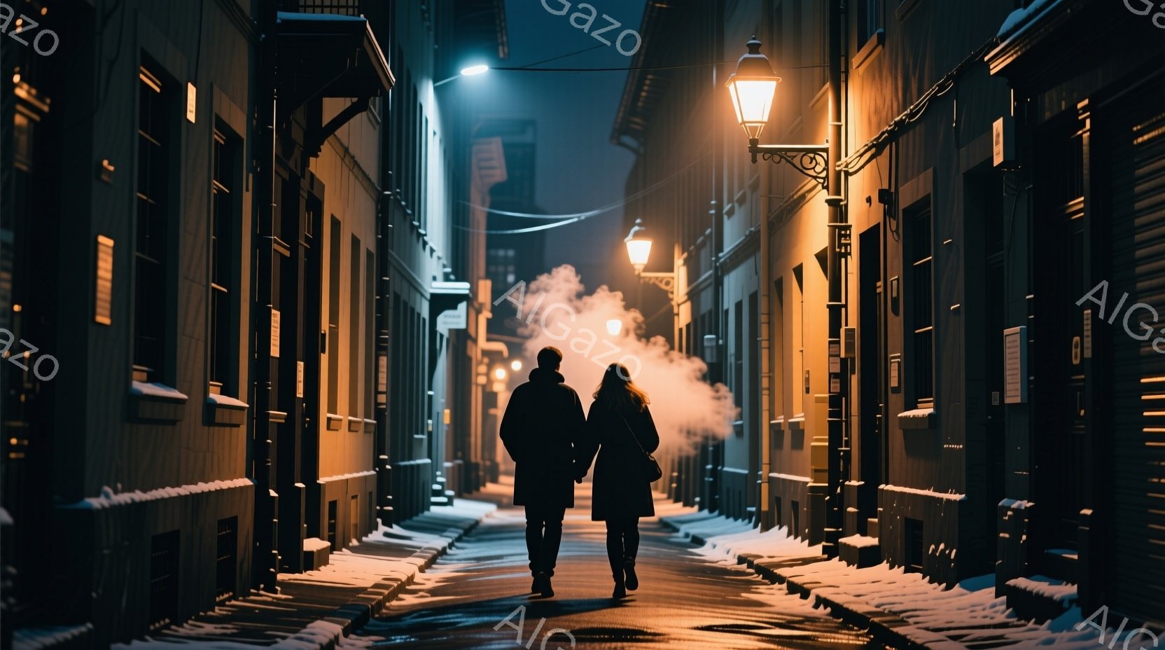 暗い路地を、コートを着た男女が歩いている。二人はシルエットになっており、顔や髪型などの詳細は見えないが、親密な雰囲気を感じさせる。路地は石畳で、建物は古いレンガ造りで、雪がわずかに積もっており、全体的に冬の夜の静かでロマンチックな雰囲気を醸し出している。