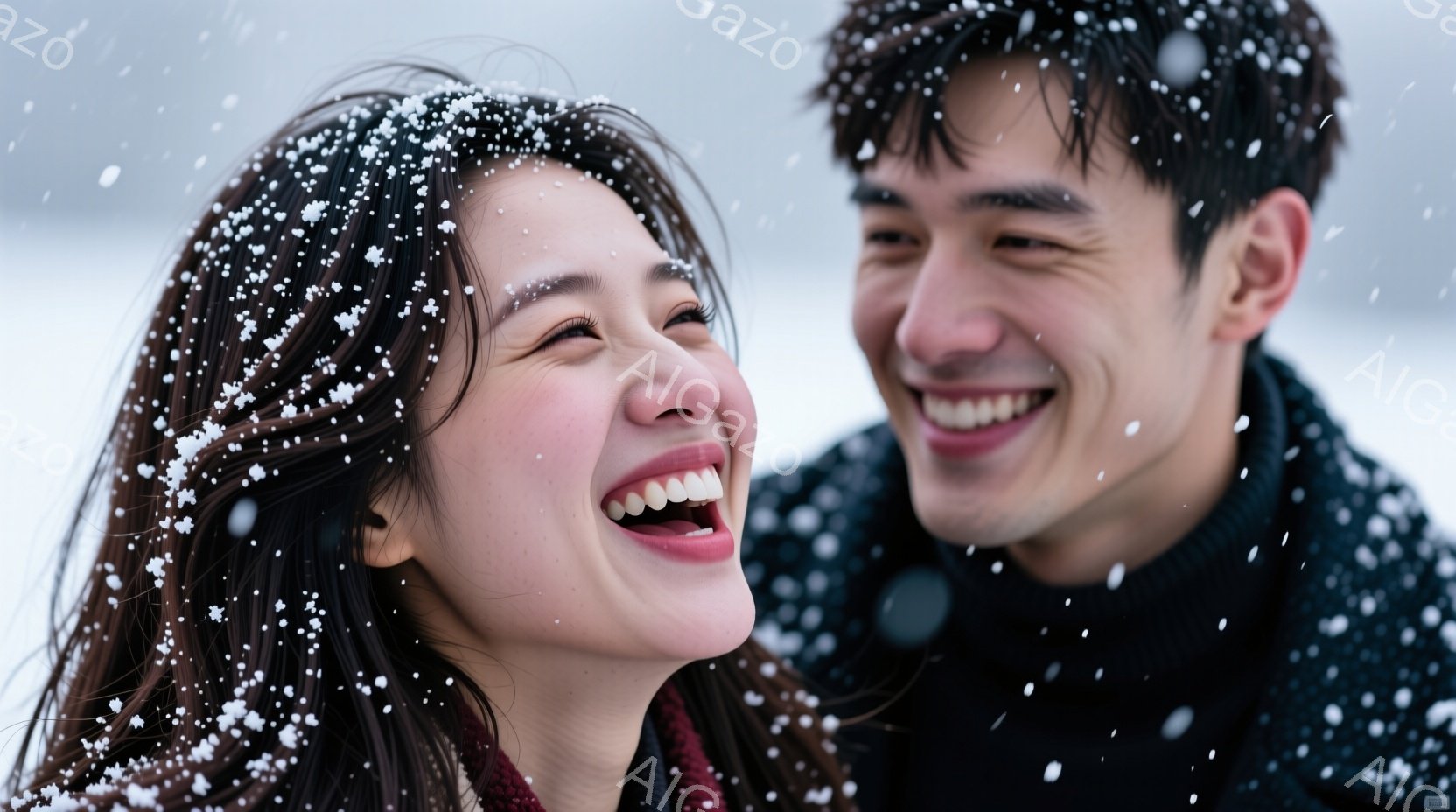 雪が降る中で、若い男女が笑顔で寄り添っている。女性は茶色の長い髪で、赤いスカーフを巻いており、満面の笑みを浮かべている。男性は黒髪で、こちらも大きく笑っており、背景は雪景色で、冬の暖かく幸せな雰囲気が - AI生成フリー素材