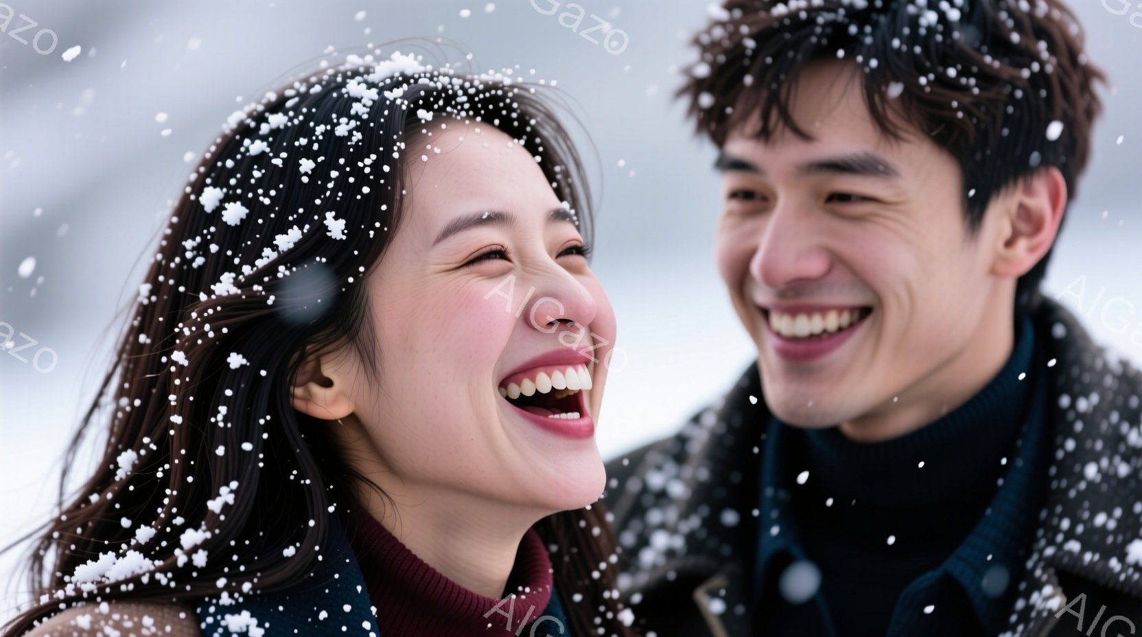 雪が舞う中で、若い男女が互いに見つめ合い、満面の笑みを浮かべている。女性は赤色のタートルネックセーターを着ており、ロングヘアが風に吹かれている。背景は白く、雪景色が広がり、二人の笑顔が暖かく、幸せな雰囲気を醸し出している。