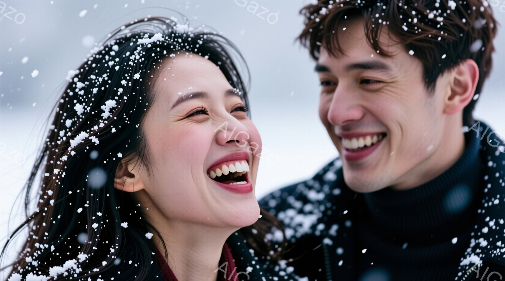 雪が降る中で、笑顔の男女が写っている。女性は赤い襟のセーターを着ており、髪は肩まで伸びて自然な状態、満面の笑みを浮かべている。男性は黒いセーターを着ており、少し無造作な髪型で、女性を見つめながら楽しそうに笑っている。