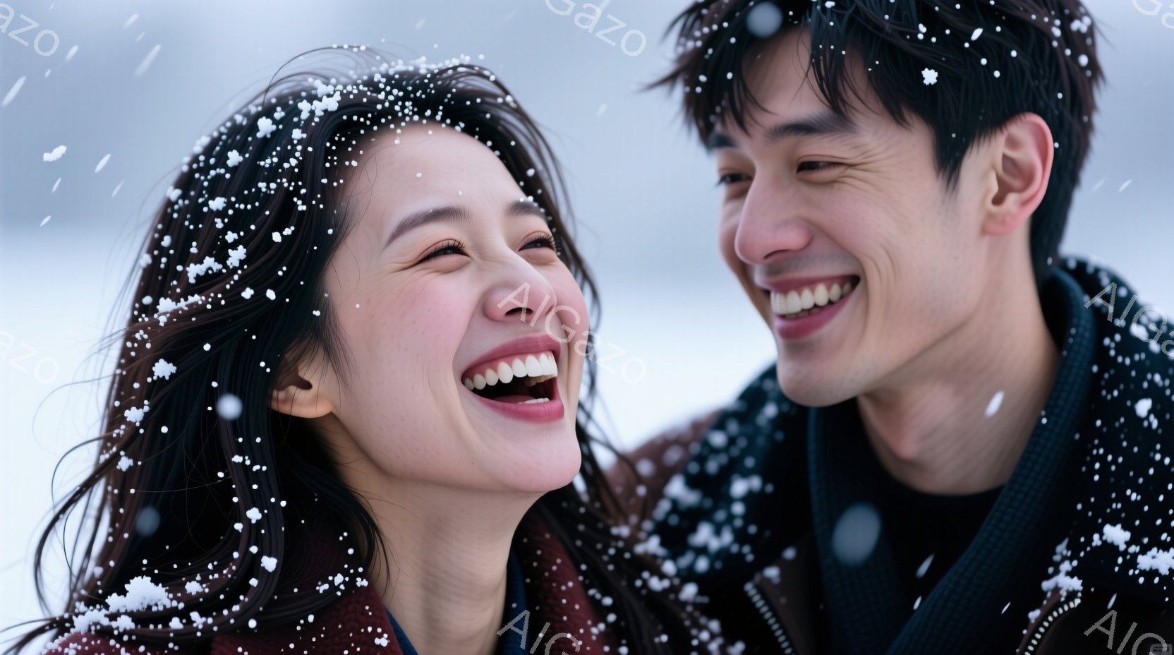 笑顔の男女が雪景色の中で写っています。女性は長い黒髪で、赤いジャケットを着て、満面の笑みを浮かべています。男性は黒いコートを着て、優しい笑顔で女性を見つめており、背景には白い雪が舞い散る冬の景色が広がっています。