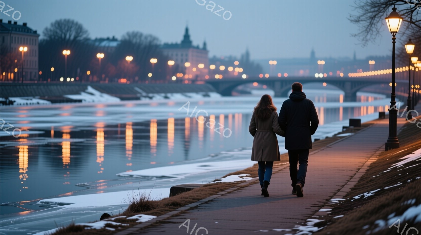 凍った川沿いの遊歩道を、コートを着た男女が手をつないで歩いている。背景には街の明かりが水面に反射し、遠くに橋が見える冬の夜の風景だ。全体的に穏やかでロマンチックな雰囲気が漂っている。