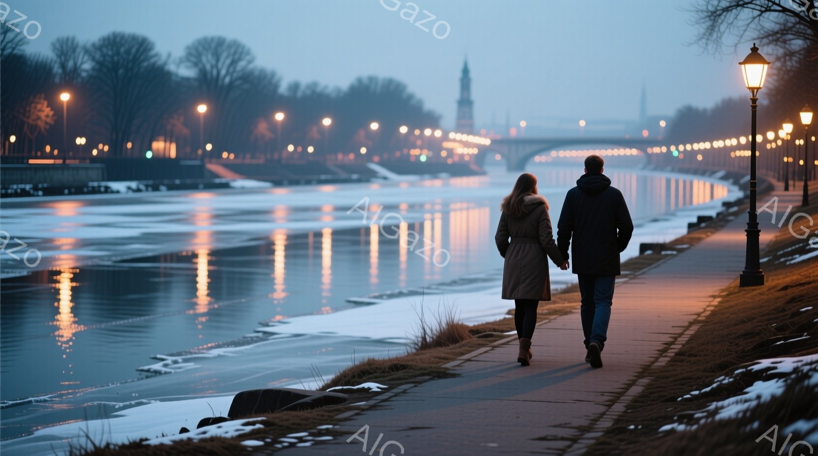凍った川沿いの遊歩道を、一対の男女が手をつないで歩いている。女性はベージュ色のコートを着ており、男性は黒いコートを着ているため、暗い背景の中でコントラストが際立っている。背景には、ぼやけた街並みと街灯が並び、冬の静かでロマンチックな雰囲気を醸し出している。