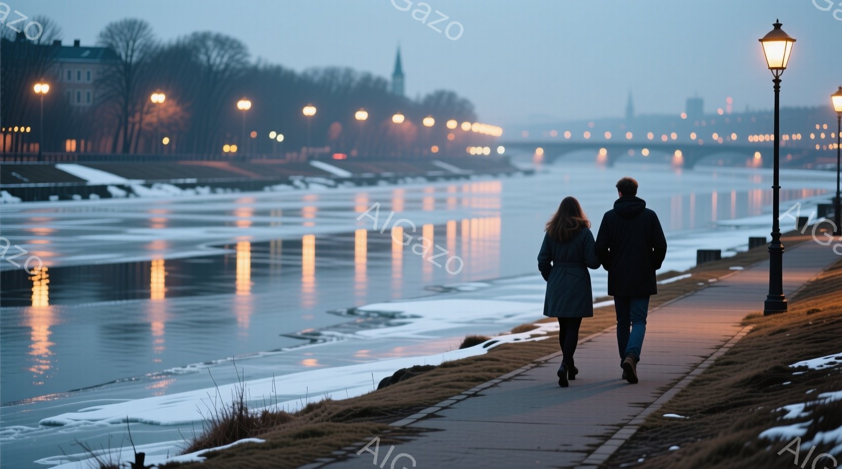 長い髪の女性とコートを着た男性が、凍った川沿いの遊歩道を並んで歩いている。背景には、ぼやけた街並みと、反射した光が水面を照らし、冬の寒さと静寂が感じられる。全体的に穏やかで、少し物憂げな雰囲気が漂って - AI生成フリー素材