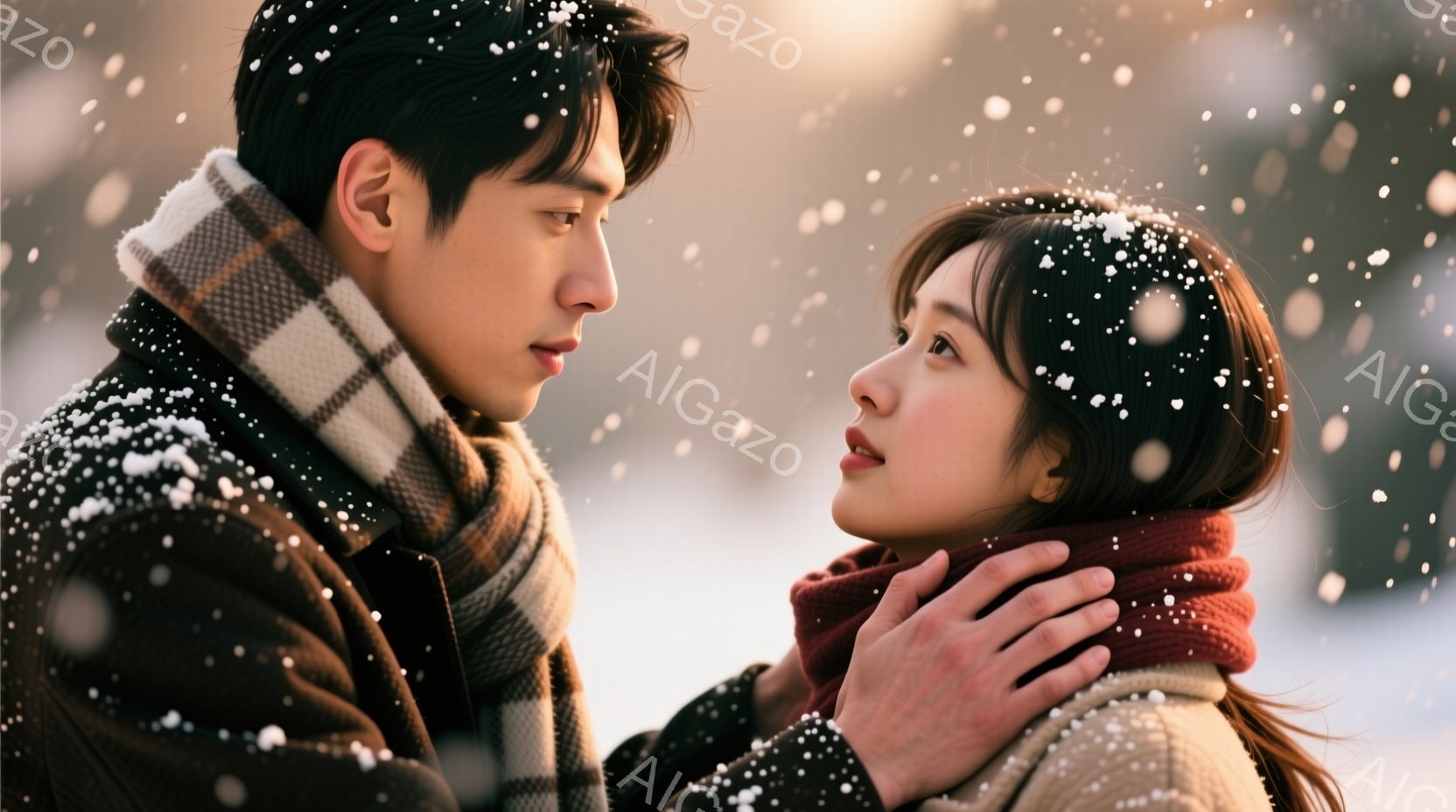 鮮やかな雪が降る中、若い男女が寄り添っている。男性はチェックのショールと茶色のコートを着ており、女性は赤いマフラーとベージュのジャケットを着用し、少し顔を上げて男性を見つめている。二人は互いに視線を合わせ、冬の寒さの中で温かい雰囲気を醸し出している。