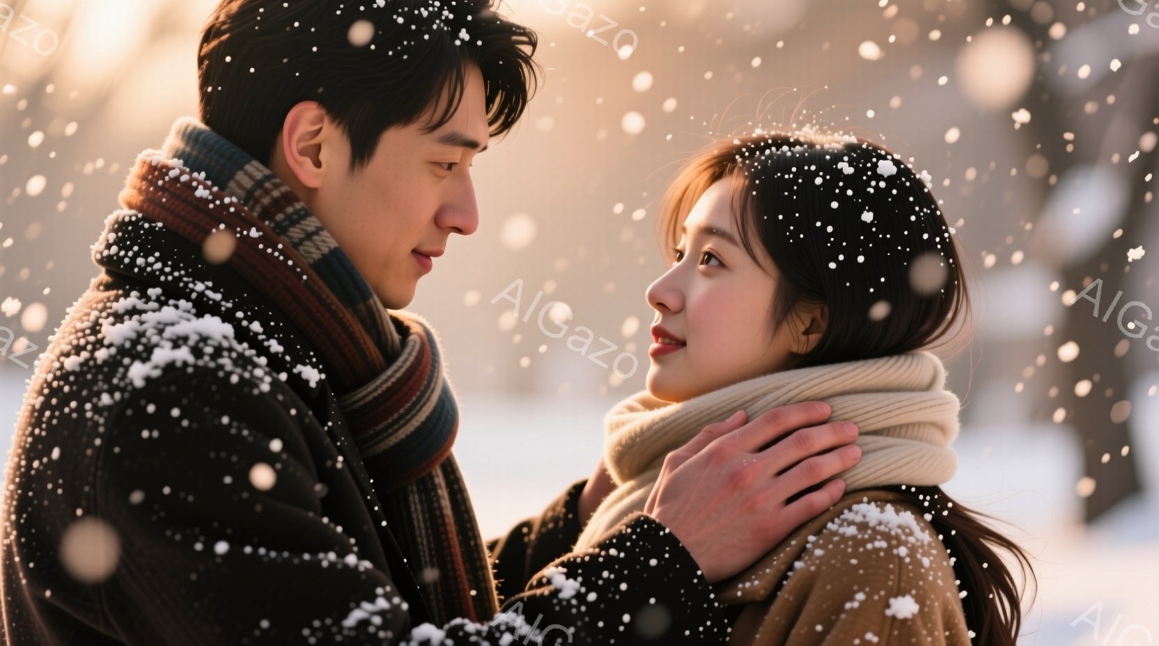 雪が降る中、若い男女が寄り添って立っている。男性はダークカラーのコートにカラフルなマフラーを巻き、女性はベージュのコートとオフホワイトのマフラーで暖かく身を包み、髪を後ろで一つにまとめている。二人は互いに顔を見つめ合い、穏やかで優しい表情を浮かべており、冬の暖かくロマンチックな雰囲気を醸し出している。