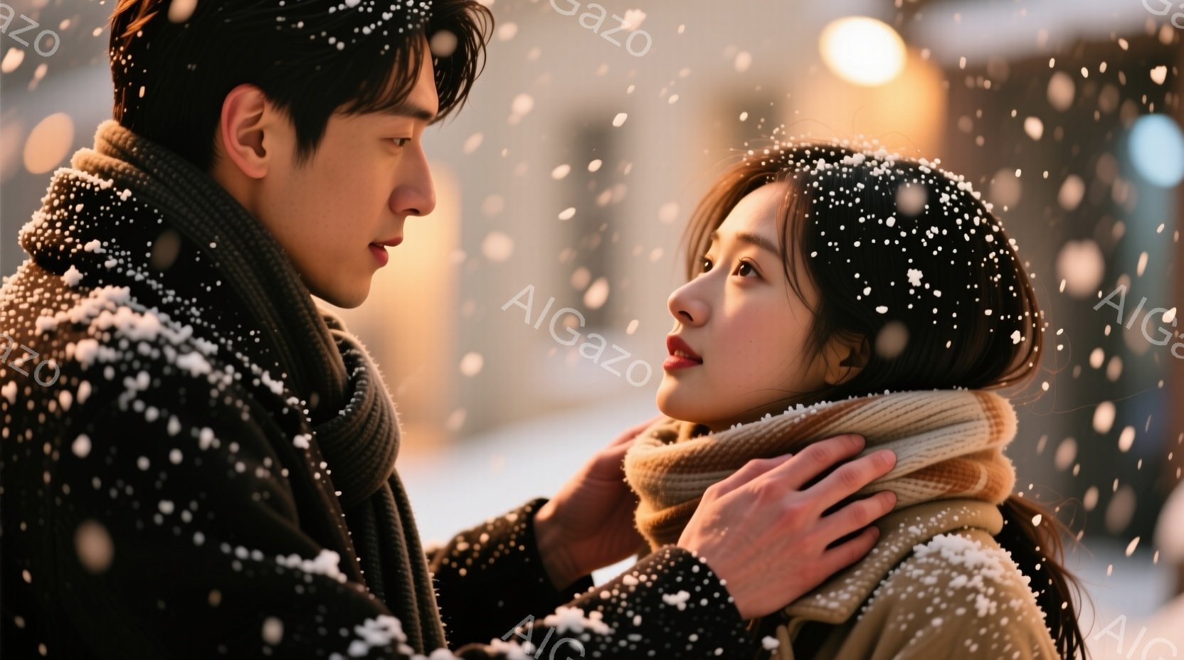 雪が降る中、若い男女が寄り添っている。男性は黒いコートにネイビーのセーター、女性はベージュのコートに白いセーターを着ており、それぞれ首に巻かれたマフラーが目立つ。二人は互いに顔を見つめ合い、暖かく穏やかな雰囲気を醸し出している。