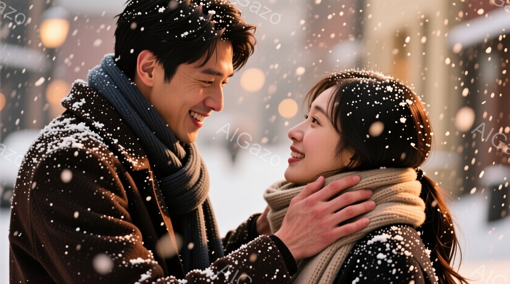 雪が舞う中で、若い男女が寄り添い、互いに微笑み合っている。男性は黒いコートと濃い青色のマフラーを巻き、女性はベージュ色のコートとマフラーで、髪は後ろでポニーテールに結んでいる。背景にはぼんやりと建物が見え、雪景色がロマンチックで温かい雰囲気を醸し出している。