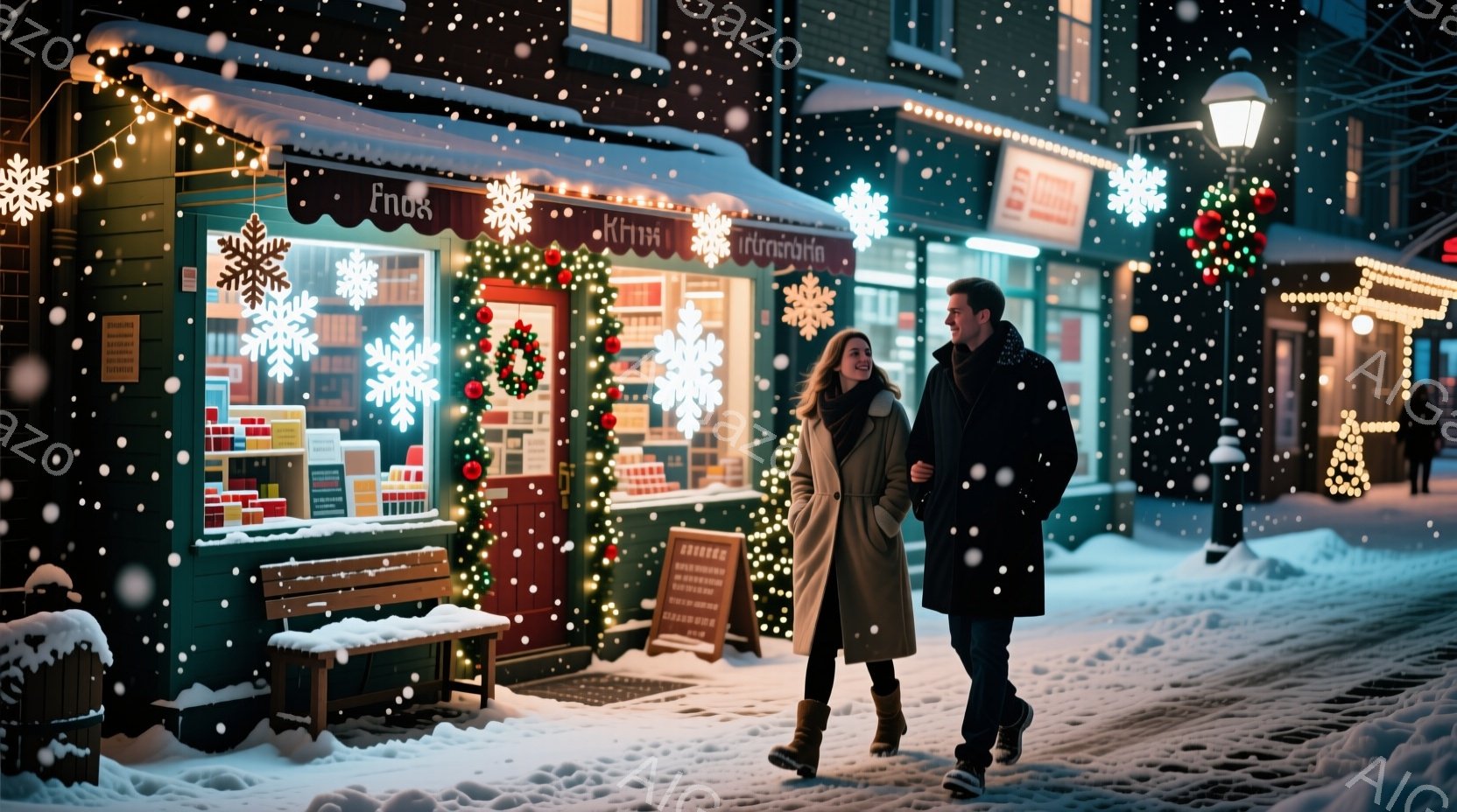 雪が降る夜の賑やかな通りを、若い男女が寄り添って歩いている。女性は長い茶色のコートに黒いブーツを履き、金髪を後ろで一つにまとめている。背景にはクリスマスマーケットのような店が並び、暖かく光る照明と装飾で温かい雰囲気が漂っている。