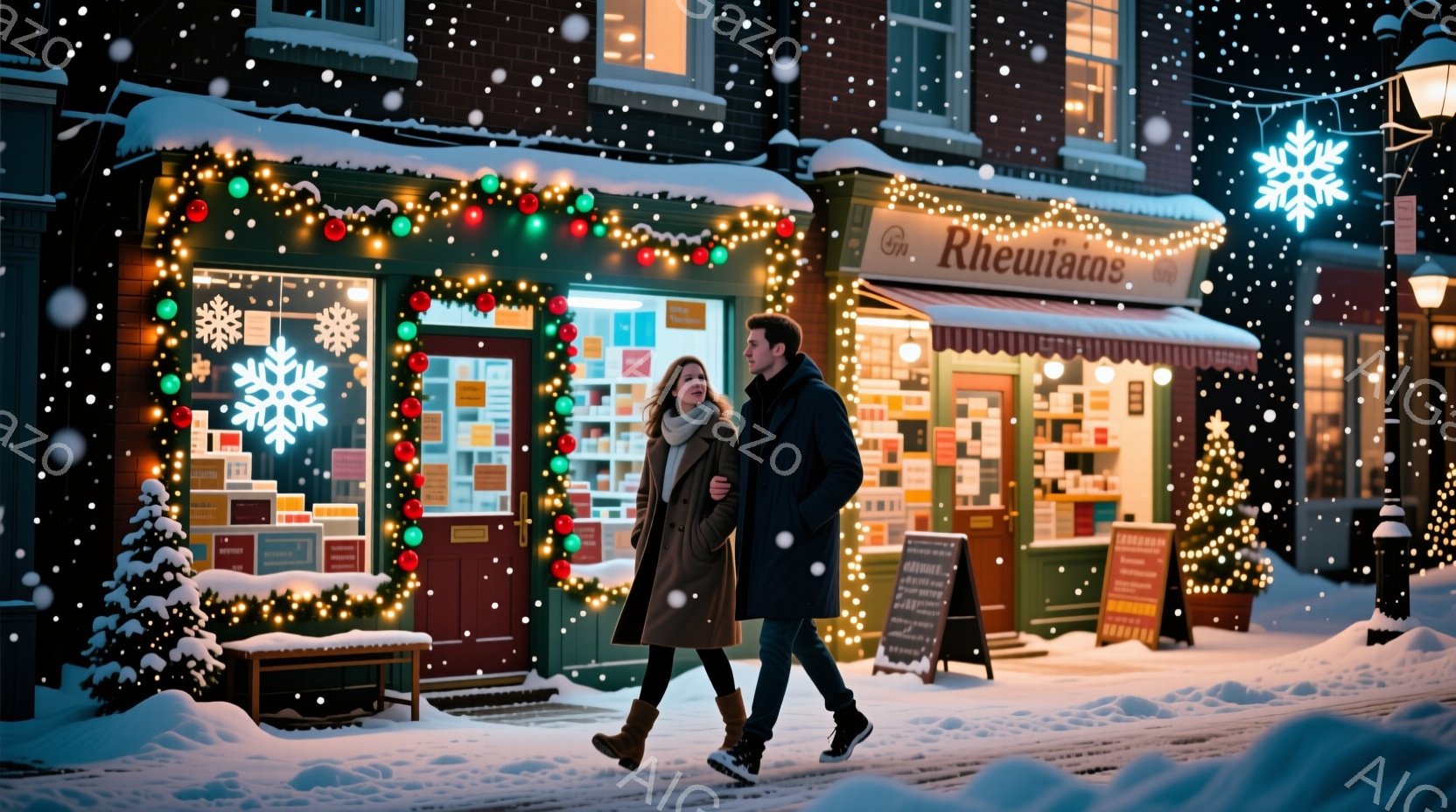 雪が降る夜の賑やかな通りを、コートを着た男女が寄り添いながら歩いている。女性はロングコートにブーツ、男性はダークカラーのコートにジーンズ姿で、共に落ち着いた表情をしている。背景にはクリスマスの装飾で輝く店が並び、温かく幻想的な雰囲気を醸し出している。