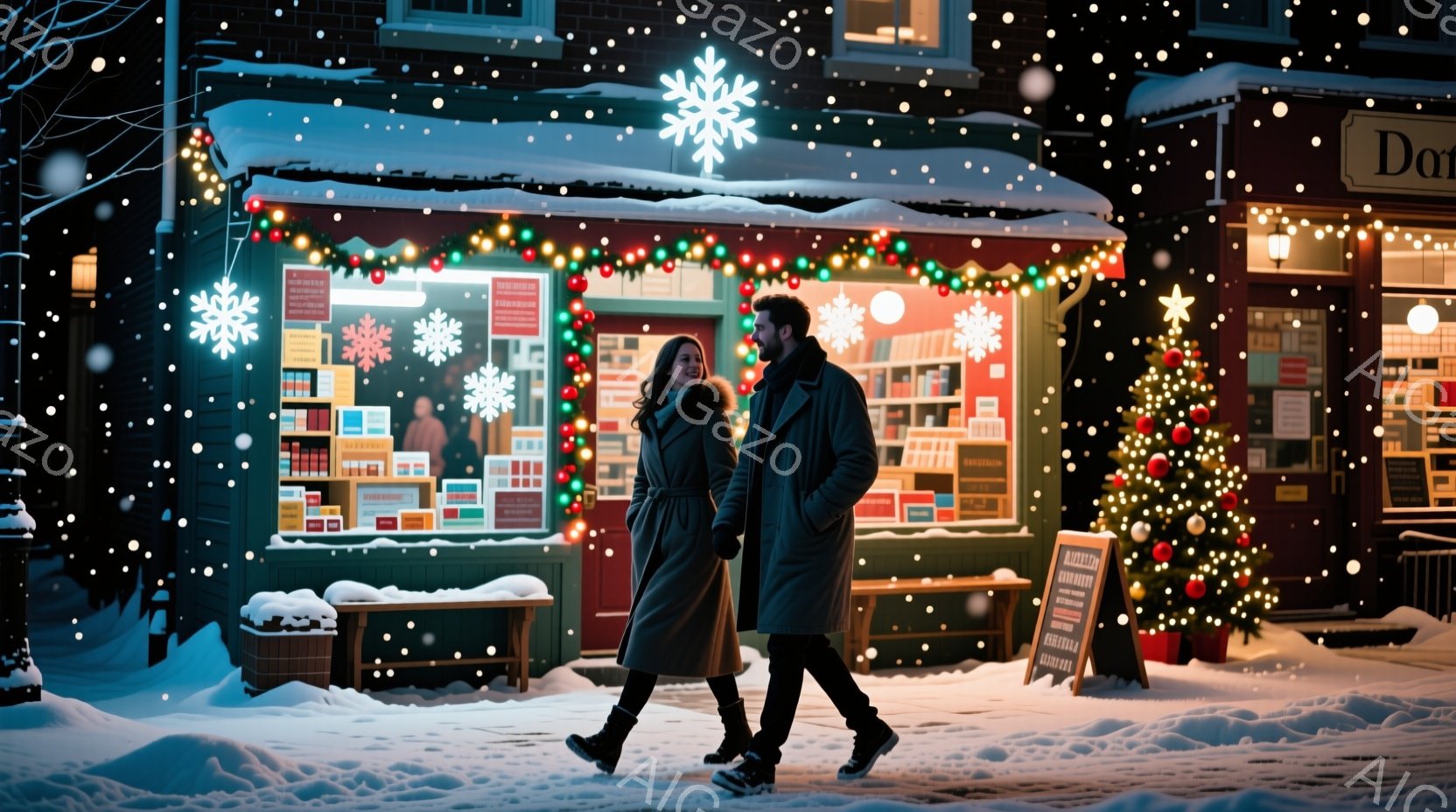 雪が降る夜、若い男女が手をつないで歩いている。女性はロングコートとニット帽を着用し、男性はダークカラーのコートを着ている。背景には、クリスマス装飾が施された可愛らしい店が並び、温かい光が雪に反射して幻 - AI生成フリー素材