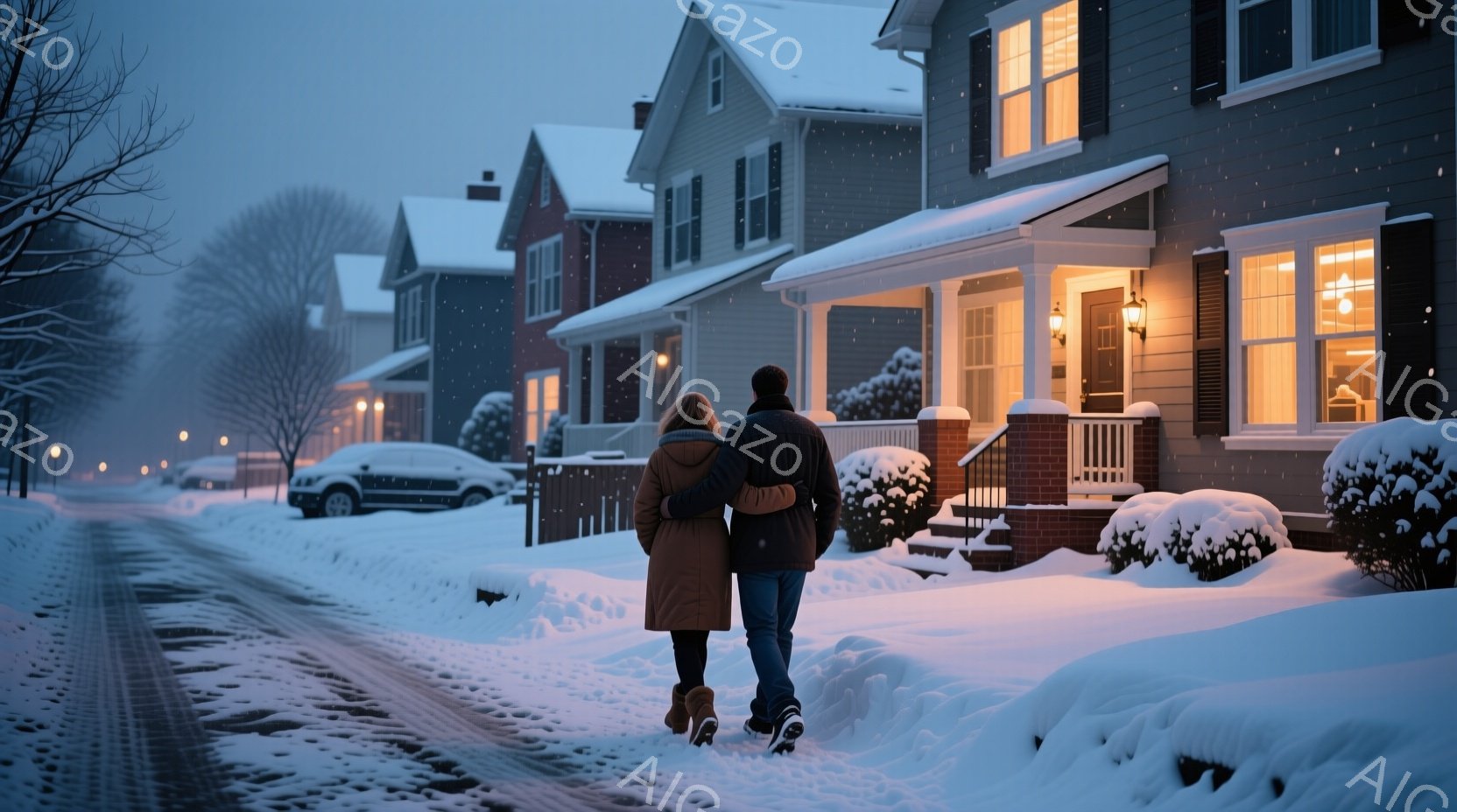 雪が降り積もった住宅街を、コートを着た男女が並んで歩いている。女性は長い髪で、男性はニット帽をかぶっており、二人は肩を寄せ合い、暖かい雰囲気を醸し出している。背景には、温かい光が灯った家々と雪化粧した木々が見え、静かで穏やかな冬の情景が広がっている。