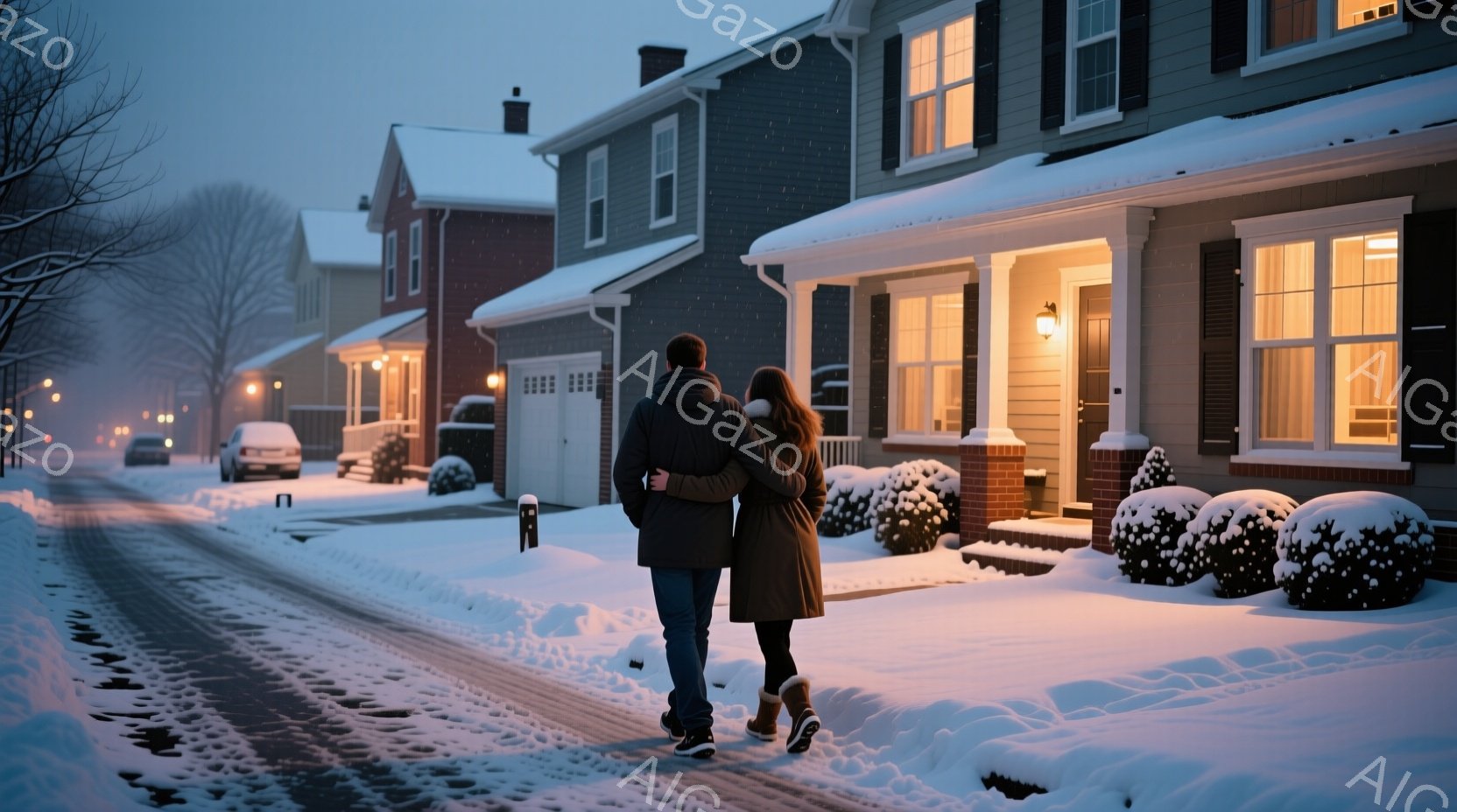 雪が降り積もった住宅街を、コートを着た男女が寄り添って歩いている。彼らは背中を見せており、服装から冬の寒さをしのぐために暖かくしていることがわかる。背景には、ライトが灯った家々と雪に覆われた植木が並び、静かで穏やかな冬の夜の雰囲気を醸し出している。