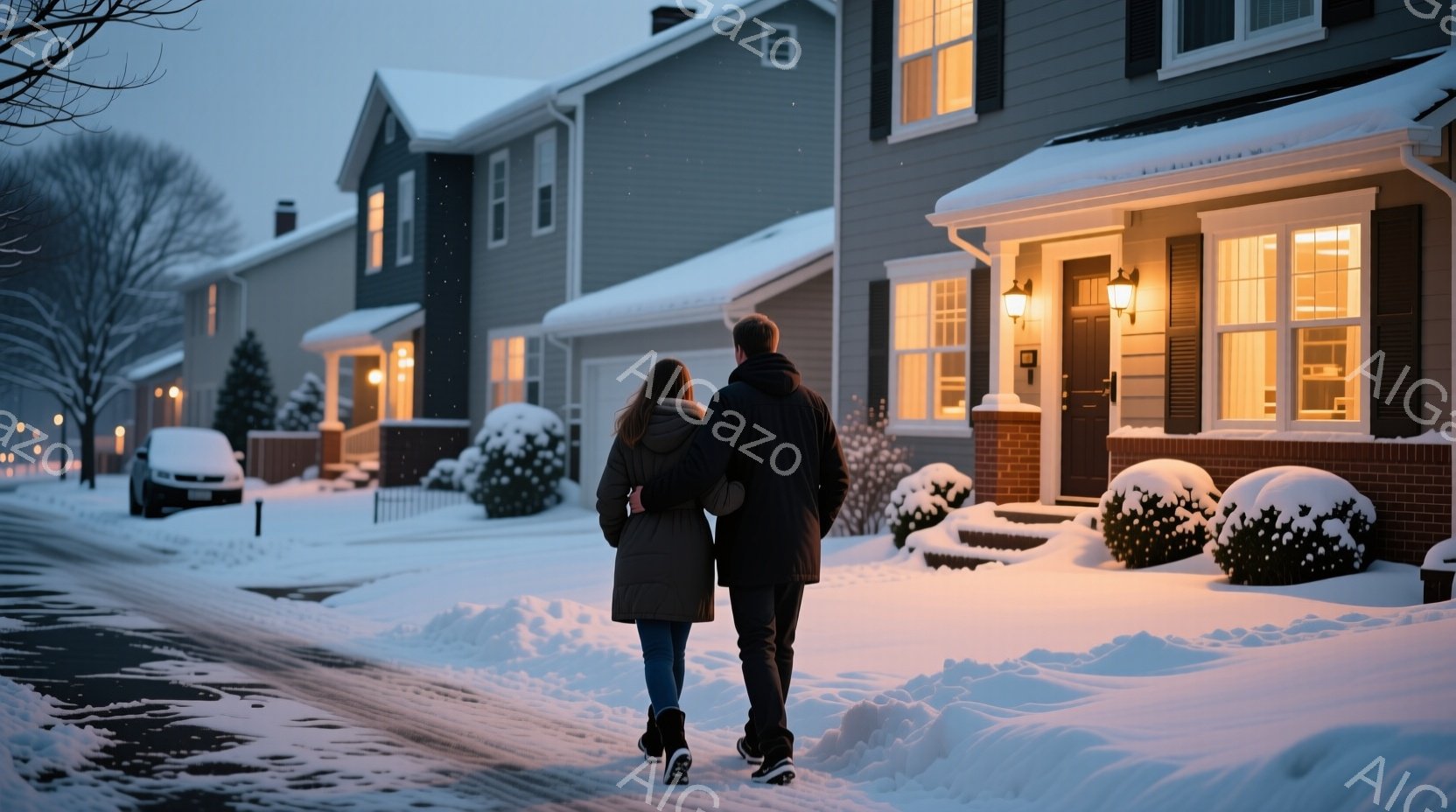 雪が降り積もった住宅街を、コートを着た男女が並んで歩いている。女性はロングヘアで、男性はダークカラーのコートを着ており、二人は肩を並べ、親密な雰囲気である。背景には、明るい光を灯した家々が並び、冬の静かで穏やかな夜の情景が広がっている。