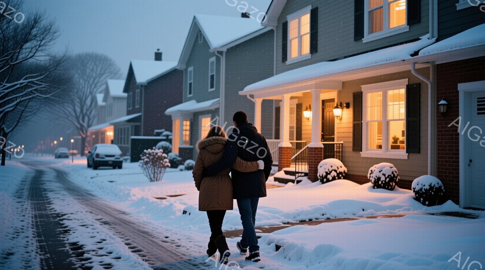 雪が降る住宅街を、若いカップルが寄り添いながら歩いている。女性はオレンジ色のダウンジャケット、男性は濃い青色のジャケットを着ており、どちらも後ろ姿のため表情は伺えないが、肩を並べている様子から温かい雰囲気が伝わる。背景には、クリスマスのような温かい光で飾られた家々が並び、雪景色と相まって穏やかで幻想的な冬の雰囲気を醸し出している。